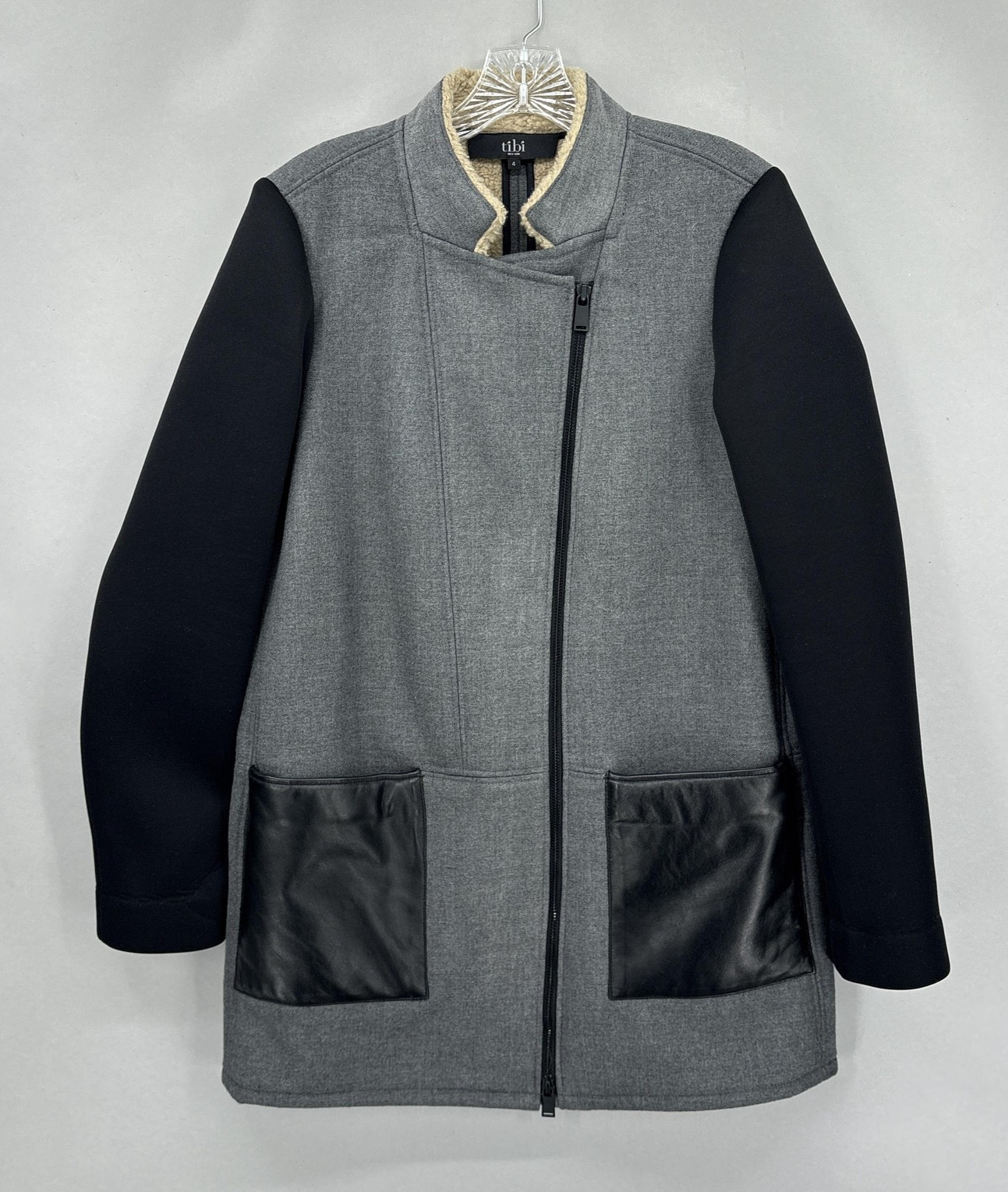 Tibi Coat Womens 4 Gray Black Sherpa Lined Leather Pockets Moto Jacket Designer