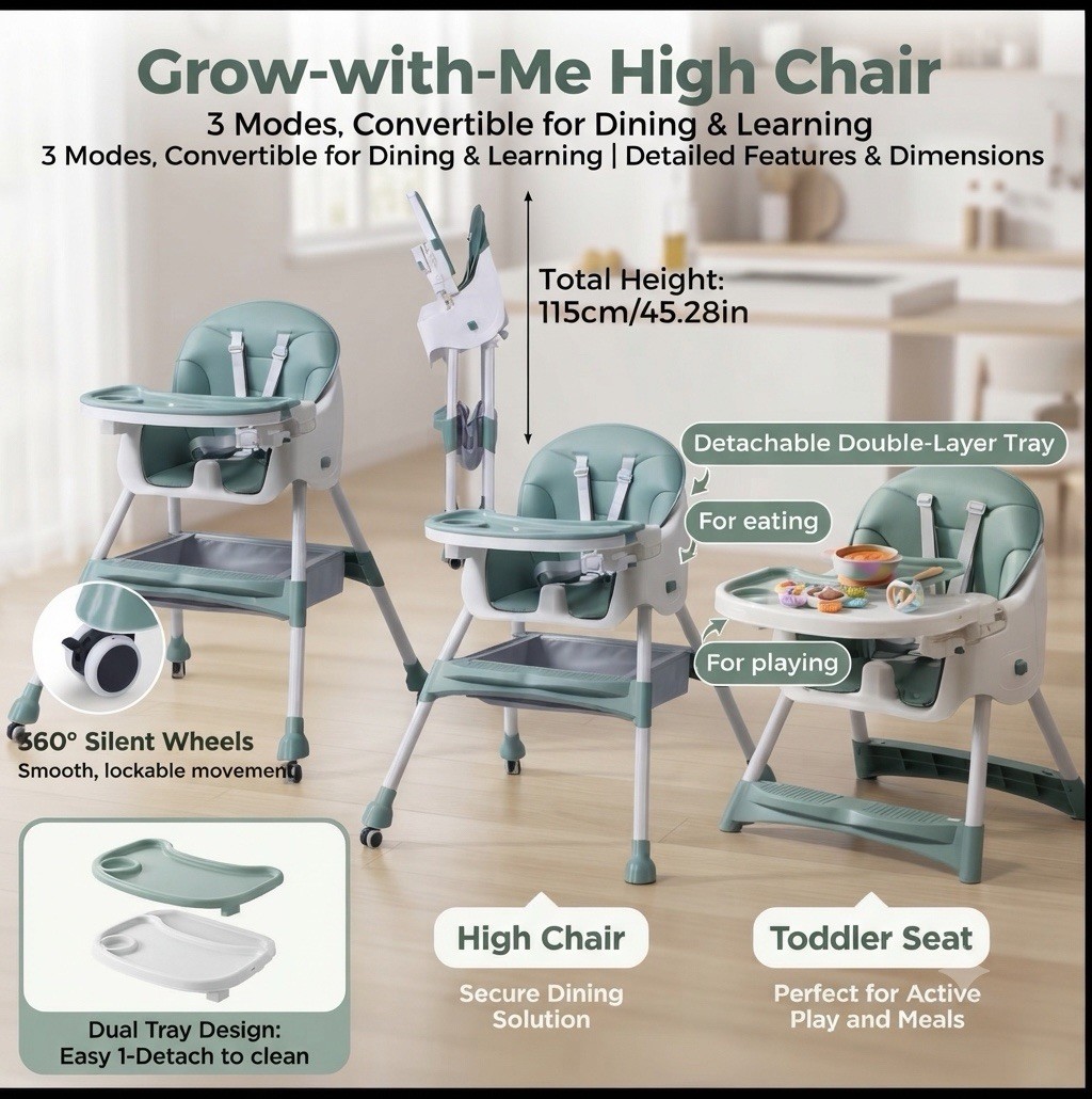 3-in-1 Baby High Chair Convertible Toddler Booster Feeding Seat with Wheels