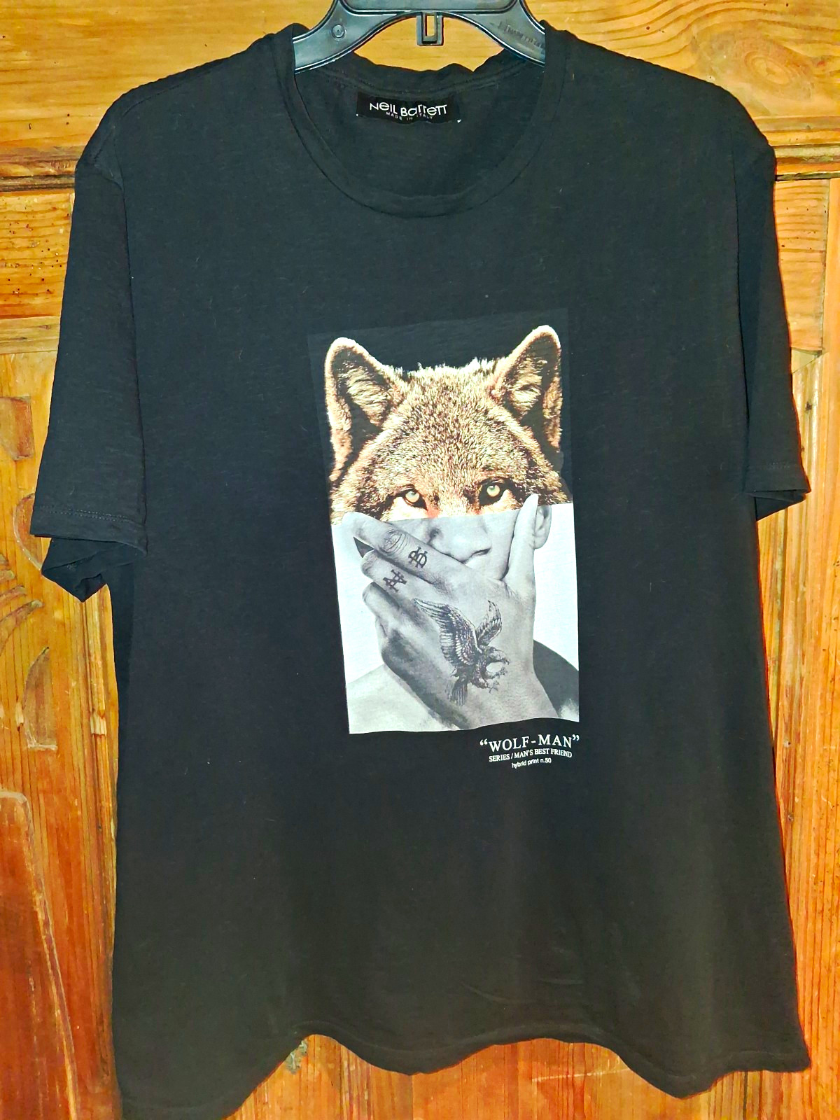 Neil Barrett Wolf-Man Wolf Graphic Black Crew Neck Short Sleeve Cotton Tee M