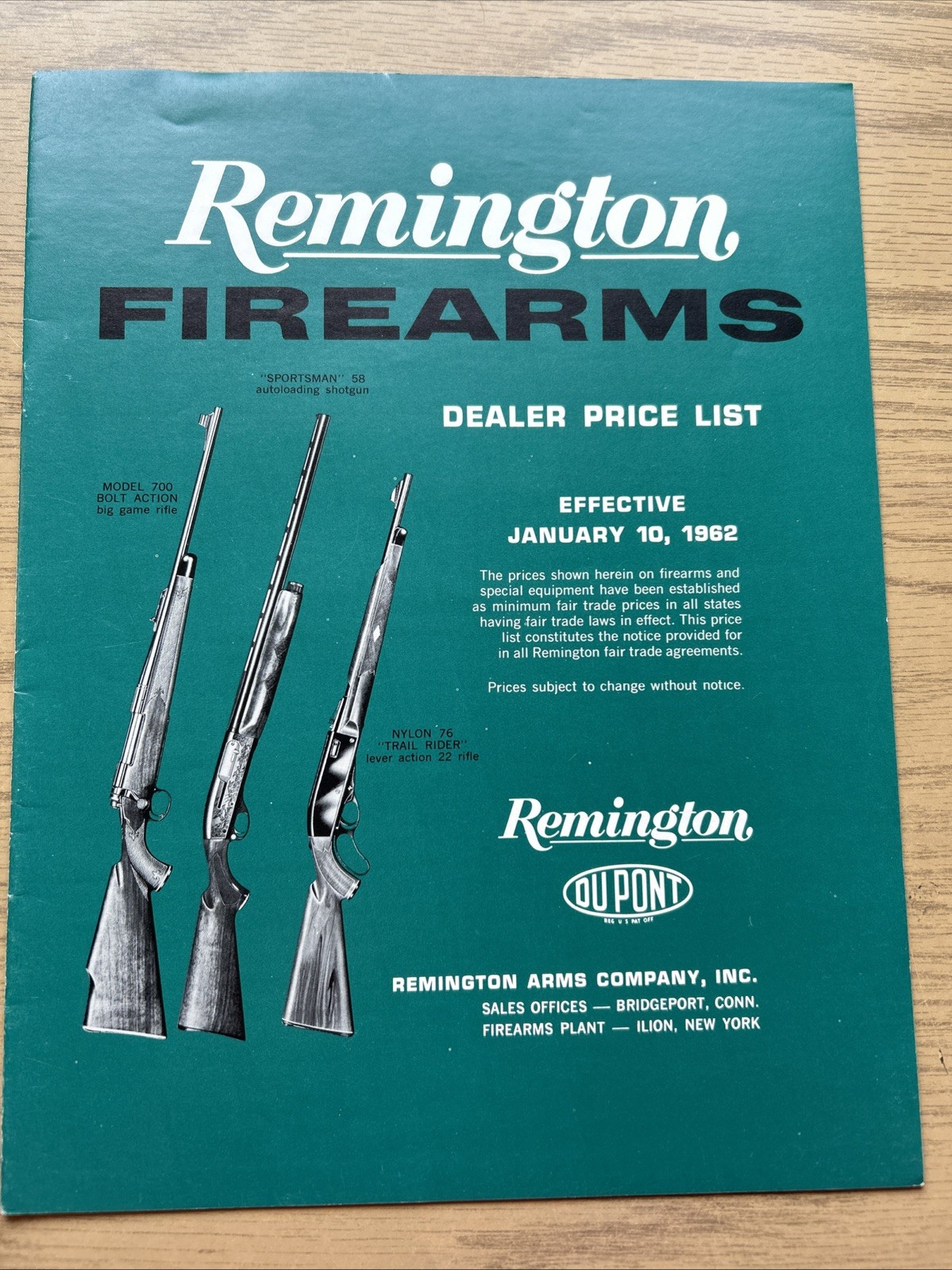 1962 REMINGTON FIREARMS DEALER PRICE LIST,  11-48 SHOTGUNS,  NYLON 76