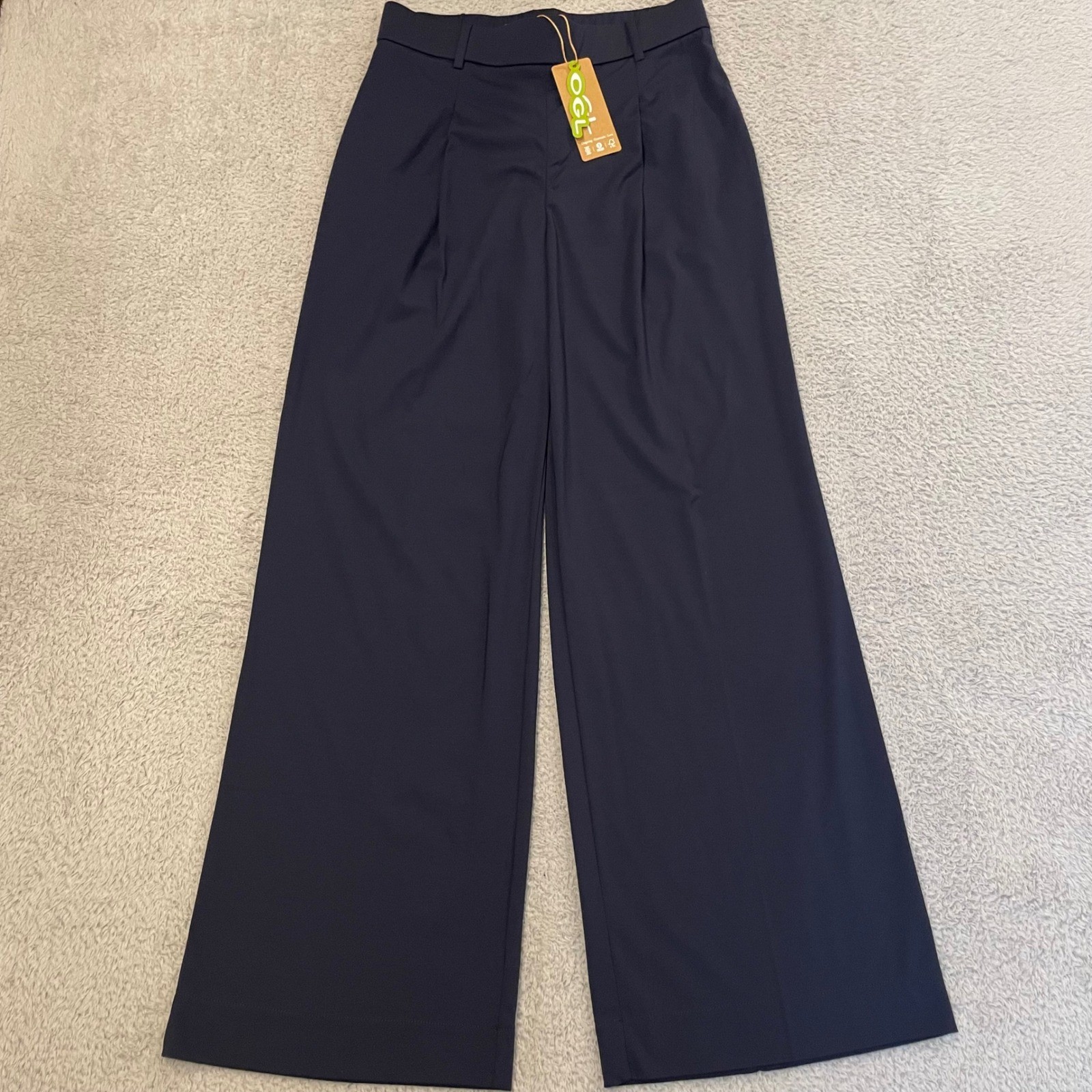 NWT OGL Pleated Wide Leg Trousers Womens M Navy High Rise Elastic Waist Pockets