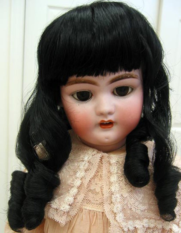 Carlotta WIG Black size 9-10 long sausage curls, bangs Antique or Modern Dolls