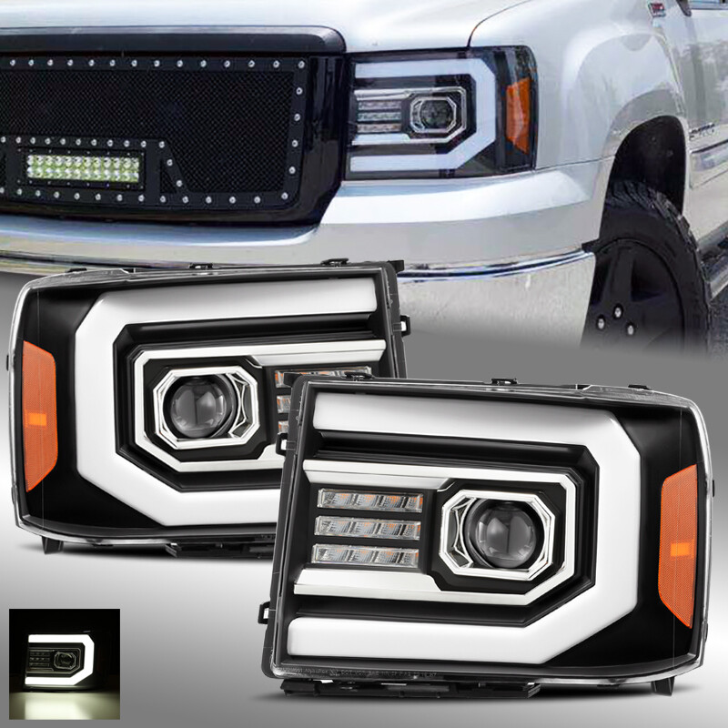 For 2007-2013 GMC Sierra Black DRL LED Tube/LED Signal Dual Projector Headlights