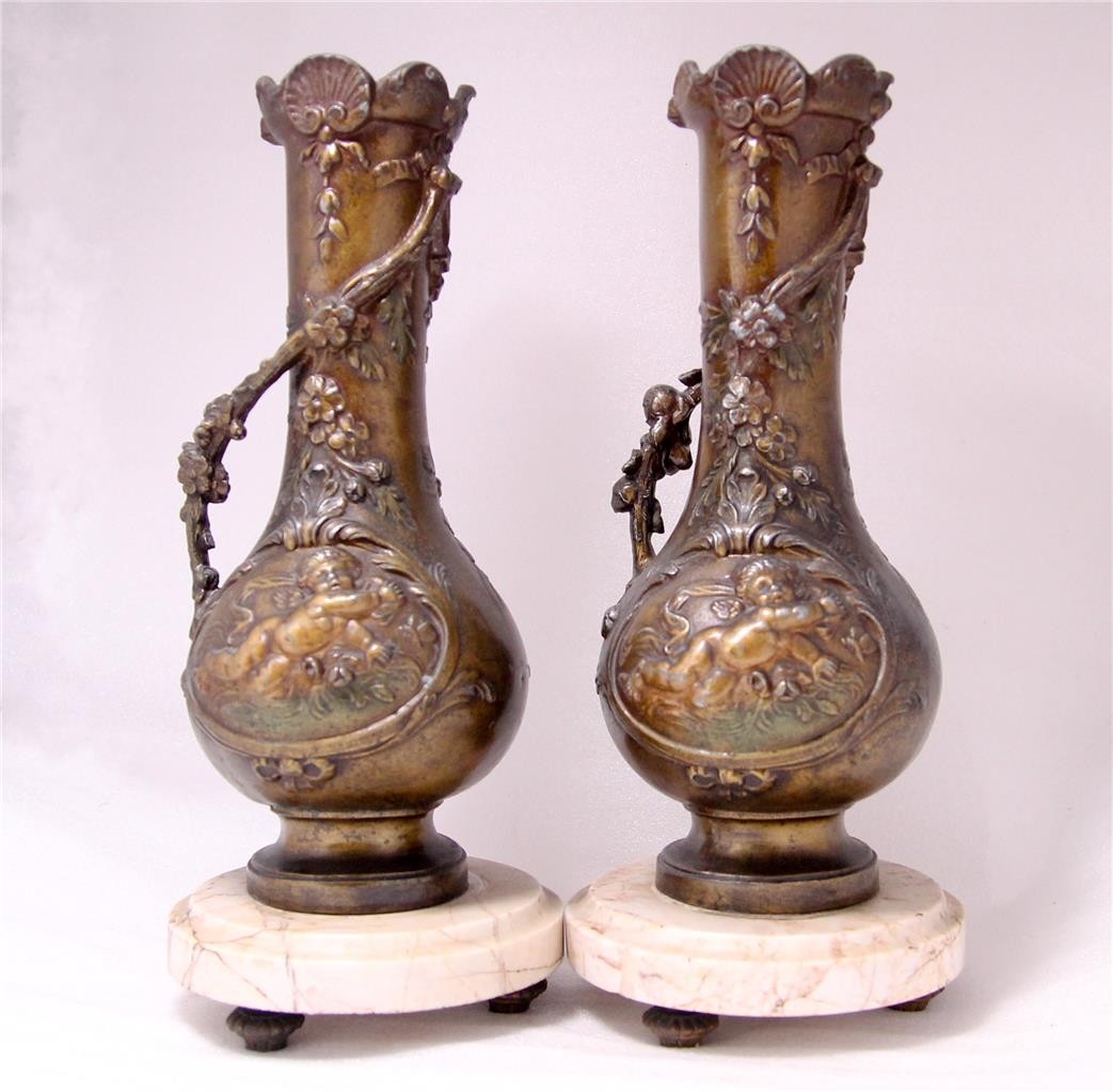 Pair of Antique Jugendstil/Art Nouveau Bronze Metal Vases w/Cupids c.1900