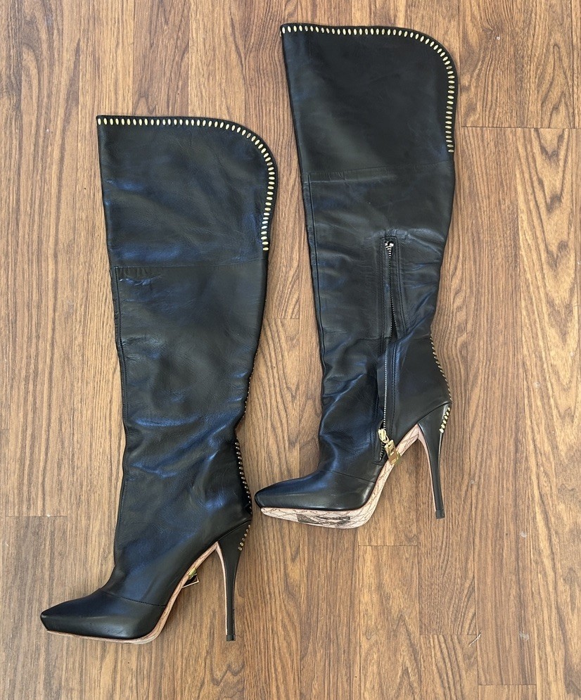 L.A.M.B. Gwen Stefani Knee High Black Gold Leather Boots Size 7.5 M NWOB