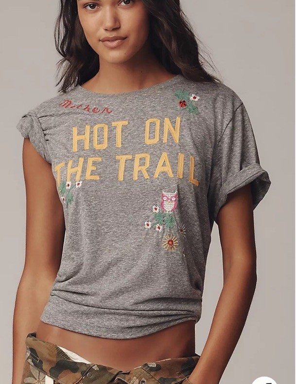 NWT MOTHER The Rowdy Embroidered T-shirt Heather Gray Sz S