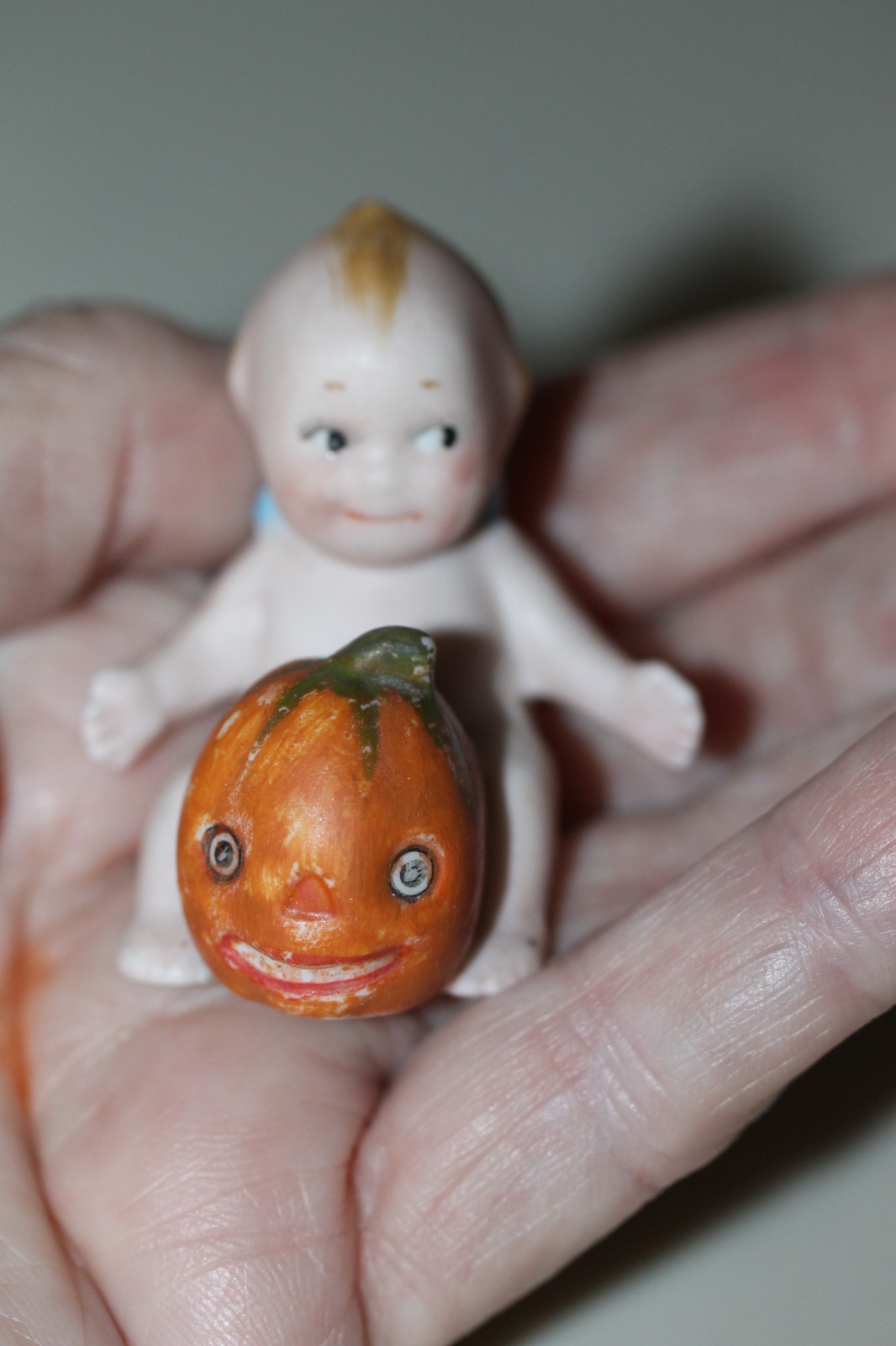 Antique Halloween Miniature Bisque Kewpie Doll With Jack O Lantern RARE