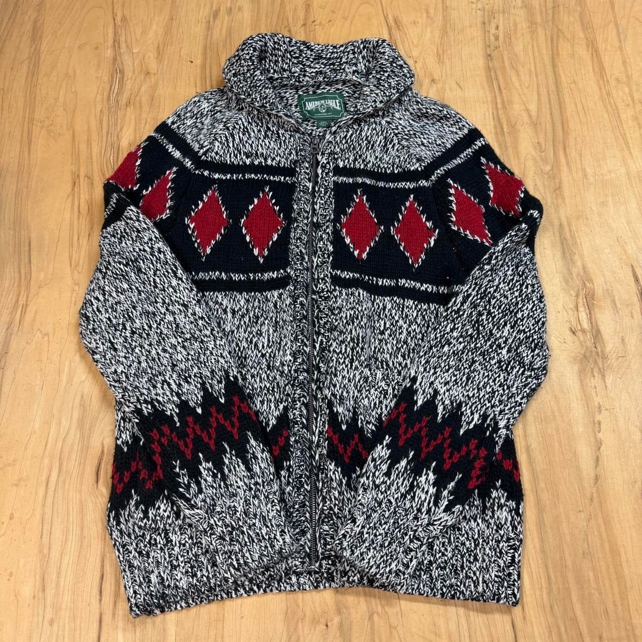 Vintage American Eagle Chunky Knit Full Zip Fair Isle Cardigan Mens Medium Grey