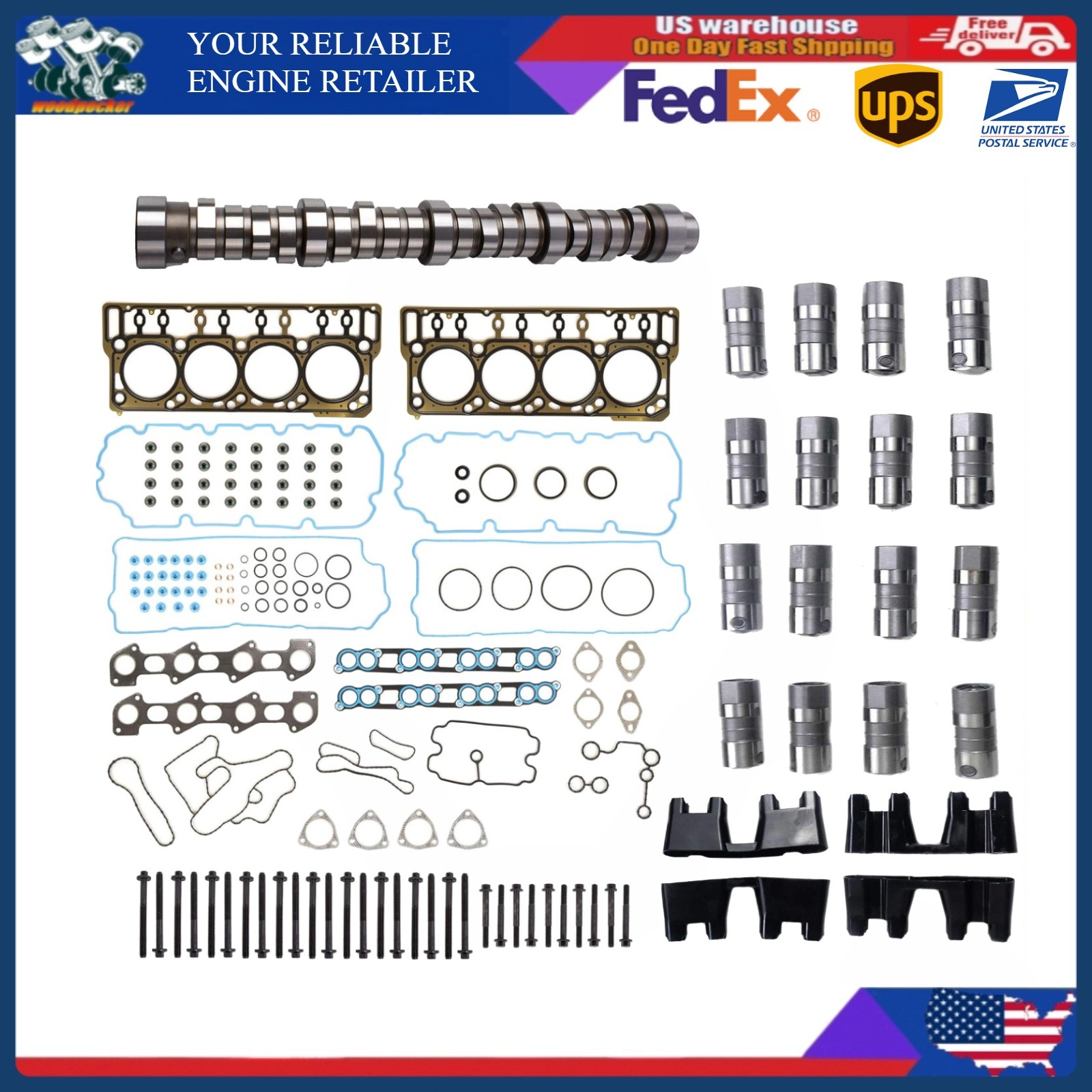 For 2008-10 Ford 6.4L Diesel OHV Camshaft Lifters Head Gasket Bolts Carrier Set For 2008-10 Ford 6.4L Diesel OHV Camshaft Lifters Head Gasket Bolts Carrier Set