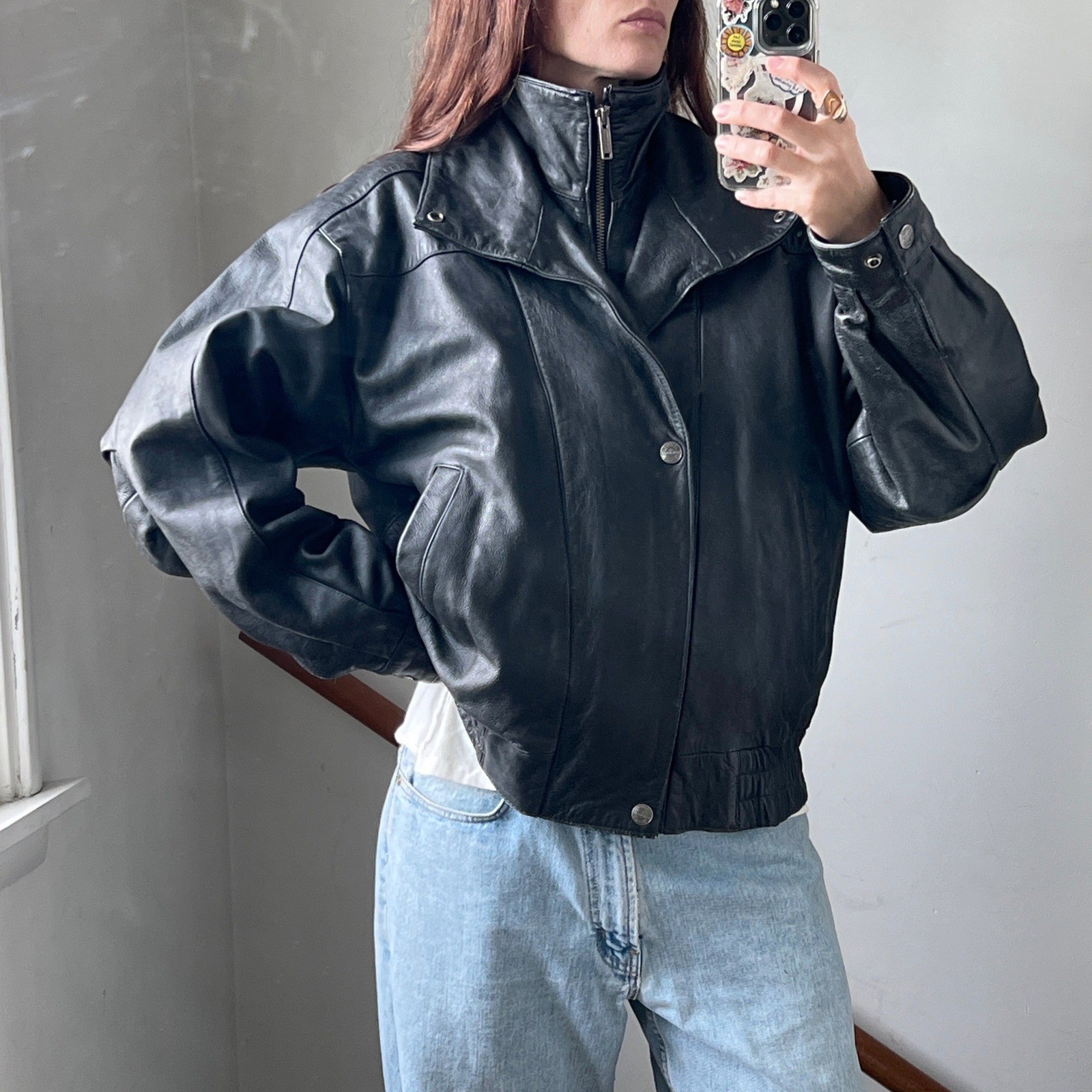 Vintage Wilsons Leather Jacket Black Bomber High Stand Collar Funnel Mock Neck Vintage Wilsons Leather Jacket Black Bomber High Stand Collar Funnel Mock Neck