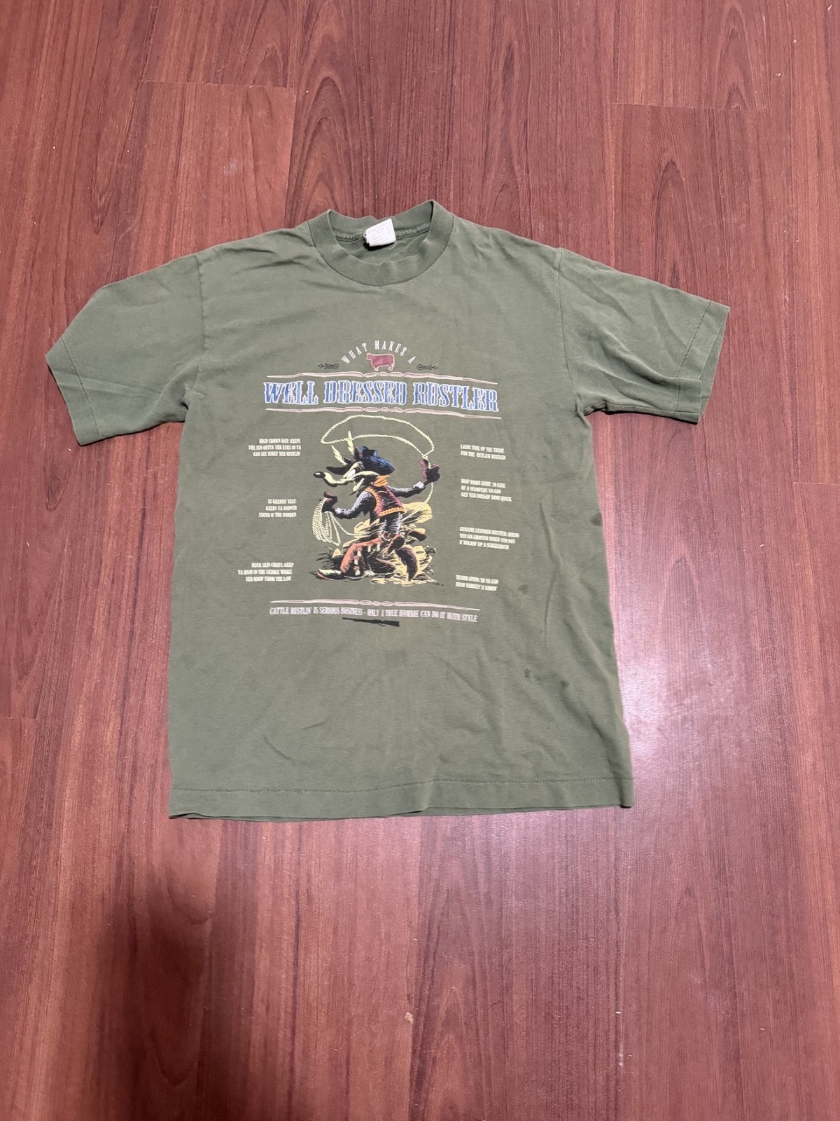 Vintage Looney Tunes T-Shirt Mens XL Green Cowboy Graphic Well Dressed Rustler