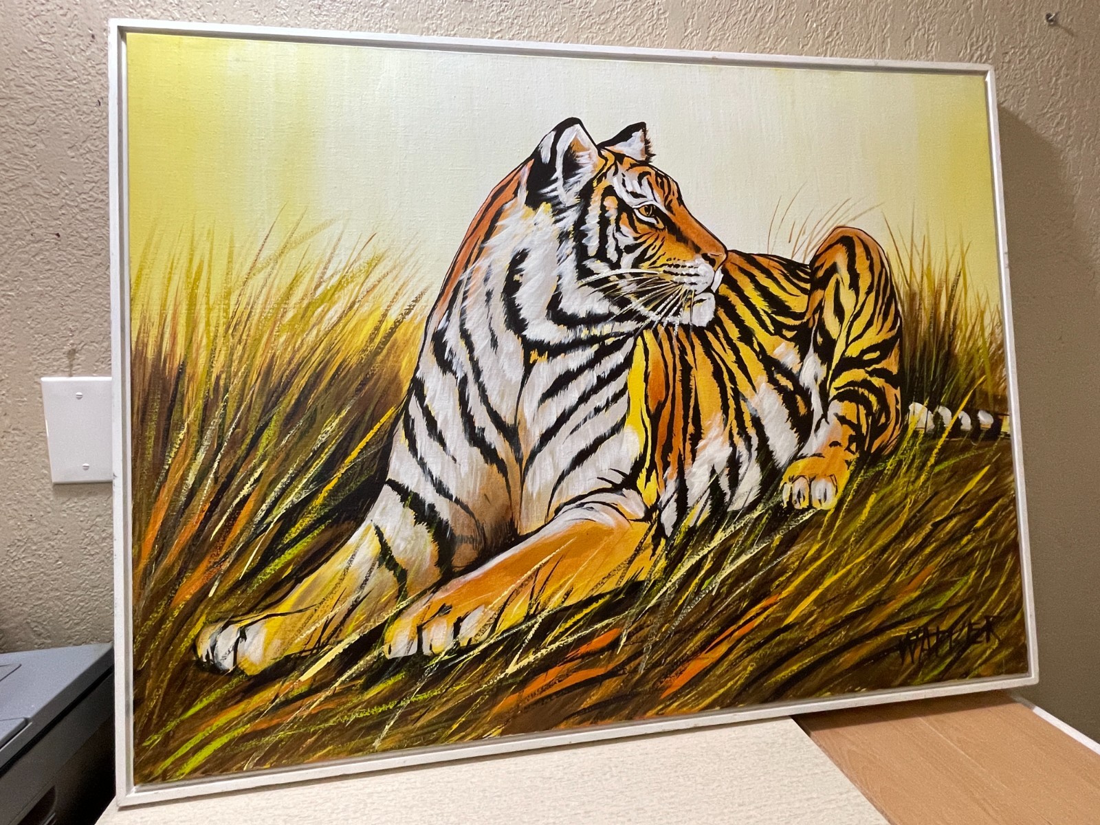 Mid Century Signed Hand Paint TIGER On Canvas Art Decor Wood Framed Hangs