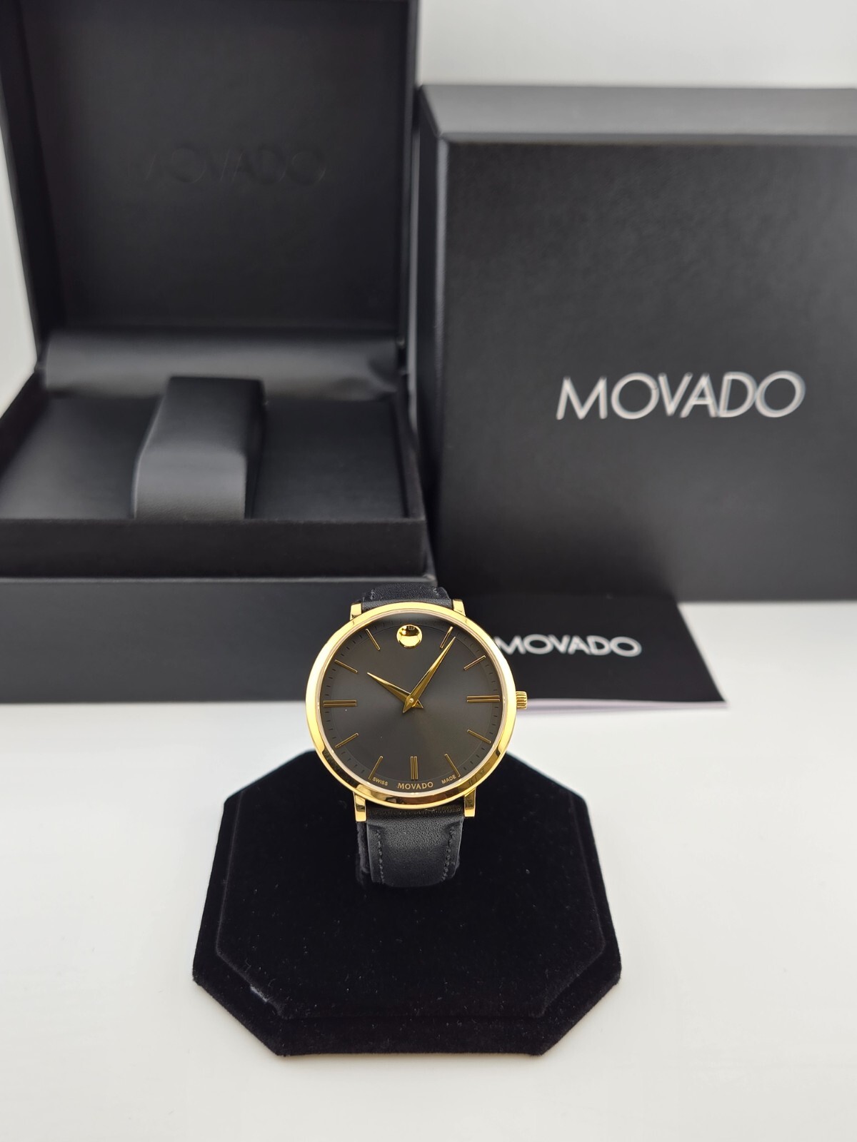Movado Women\'s Ultra Slim Black Dial Gold Tone Case Watch - 0607091 ($795 MSRP)