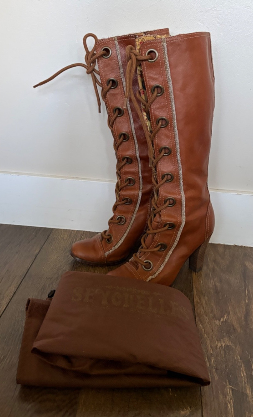 Seychelles Tall Lace Up Boots Brown Classic Leather Victorian Floral 7.5 w/ Bag