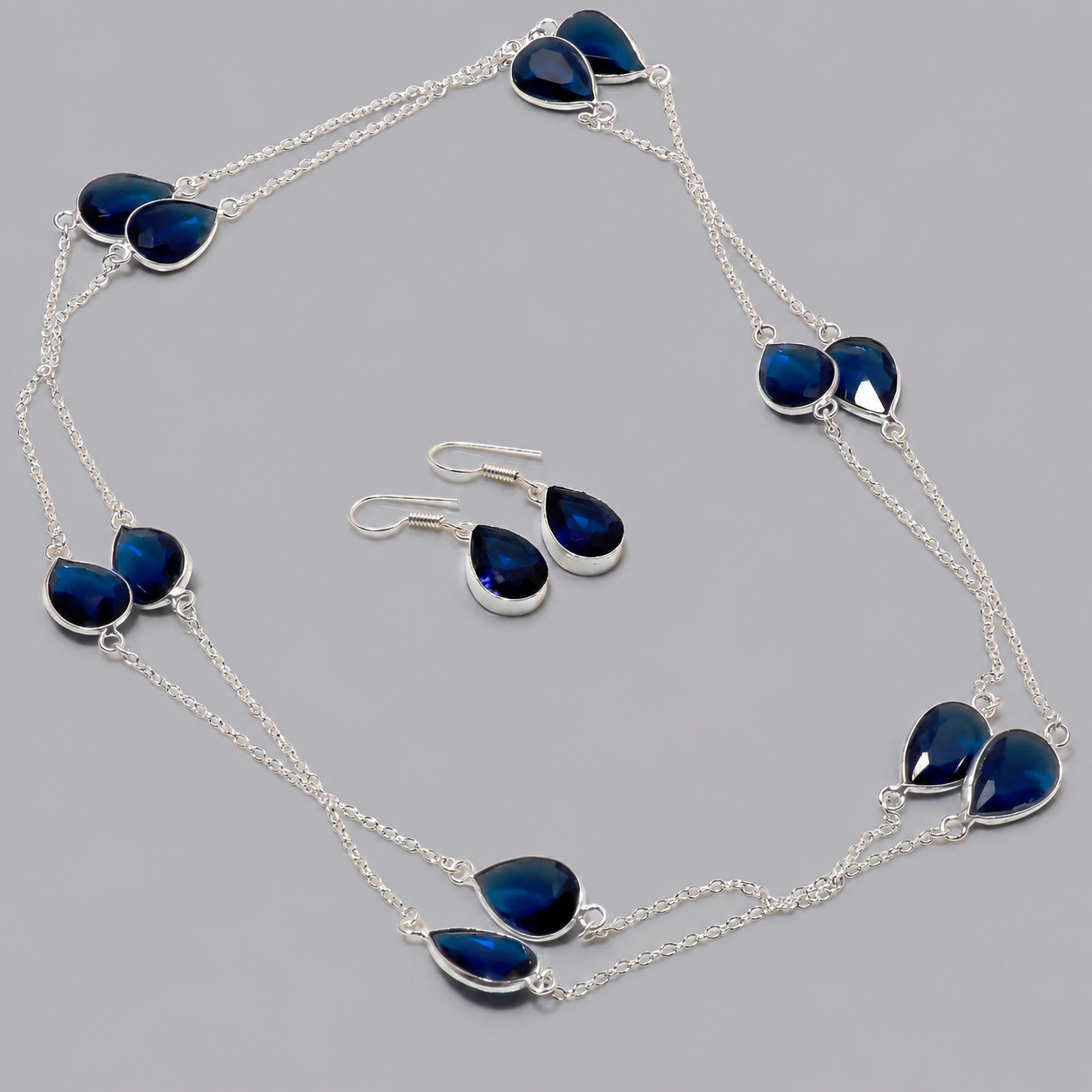 Faceted Iolite Pear Shape Gemstone Handmade Fashion Gift Jewelry Chain+Earrings