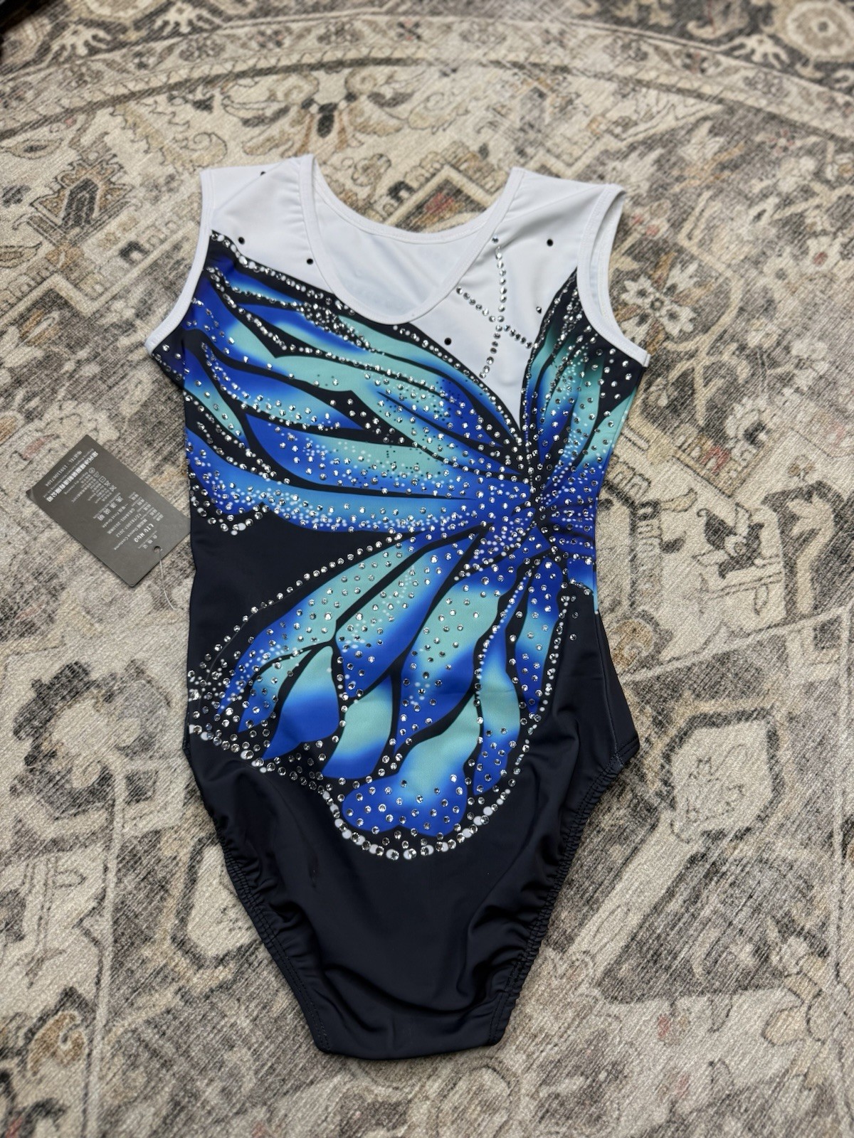 LIUHUO Girls Rhythmic Gymnastics Leotard Size 140 9/10 Blue Butterfly Rhinestone