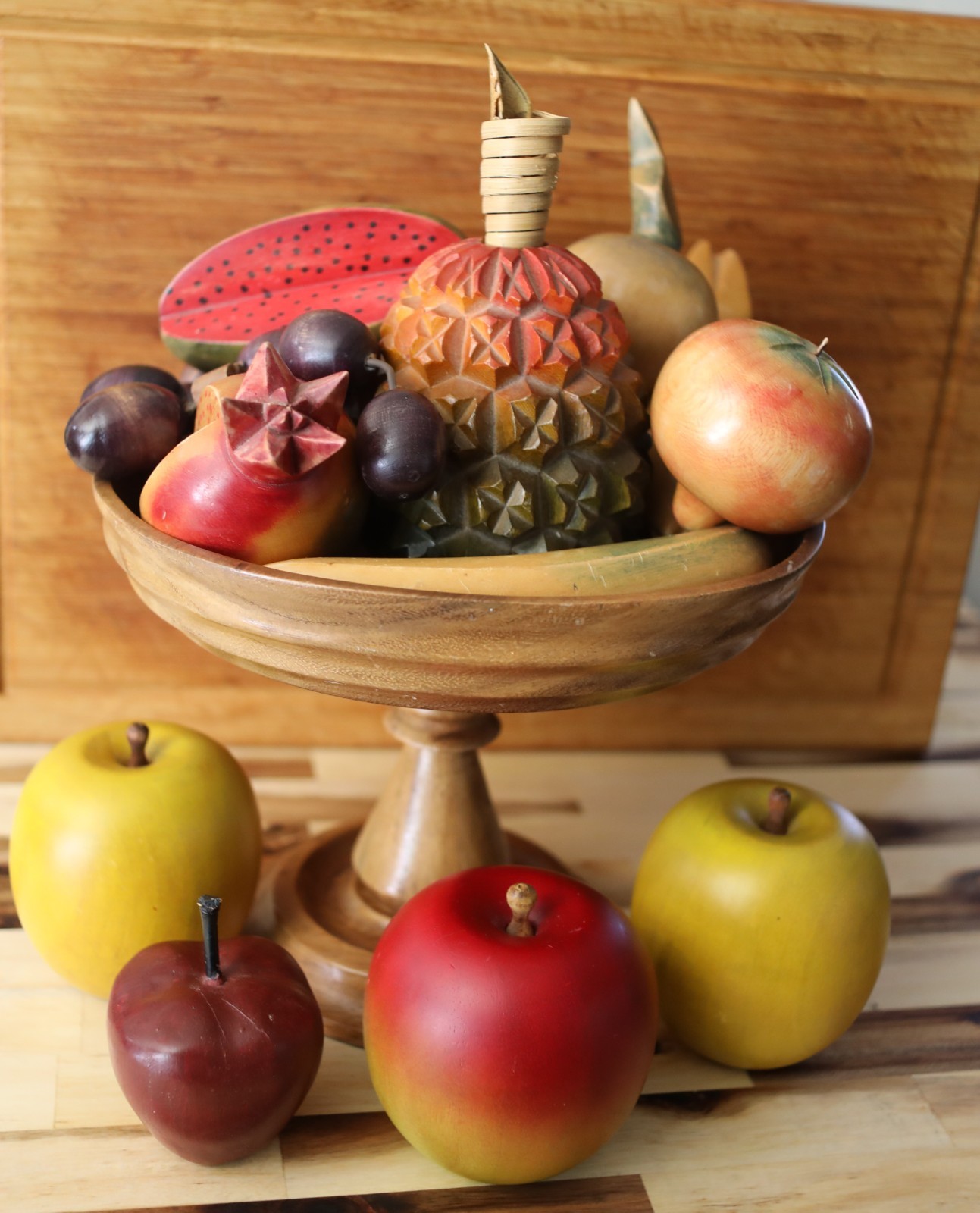 Vintage MCM Wood Bowl + Apple Banana Pineapple Fruit Watermelon Grapes Carved Vintage MCM Wood Bowl + Apple Banana Pineapple Fruit Watermelon Grapes Carved