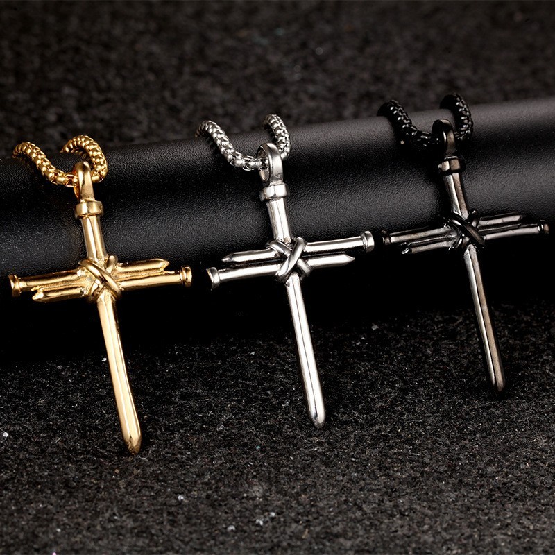 Mens Gold Tone Stainless Steel Nail Cross Pendant Necklace Fashion Jewelry Gift