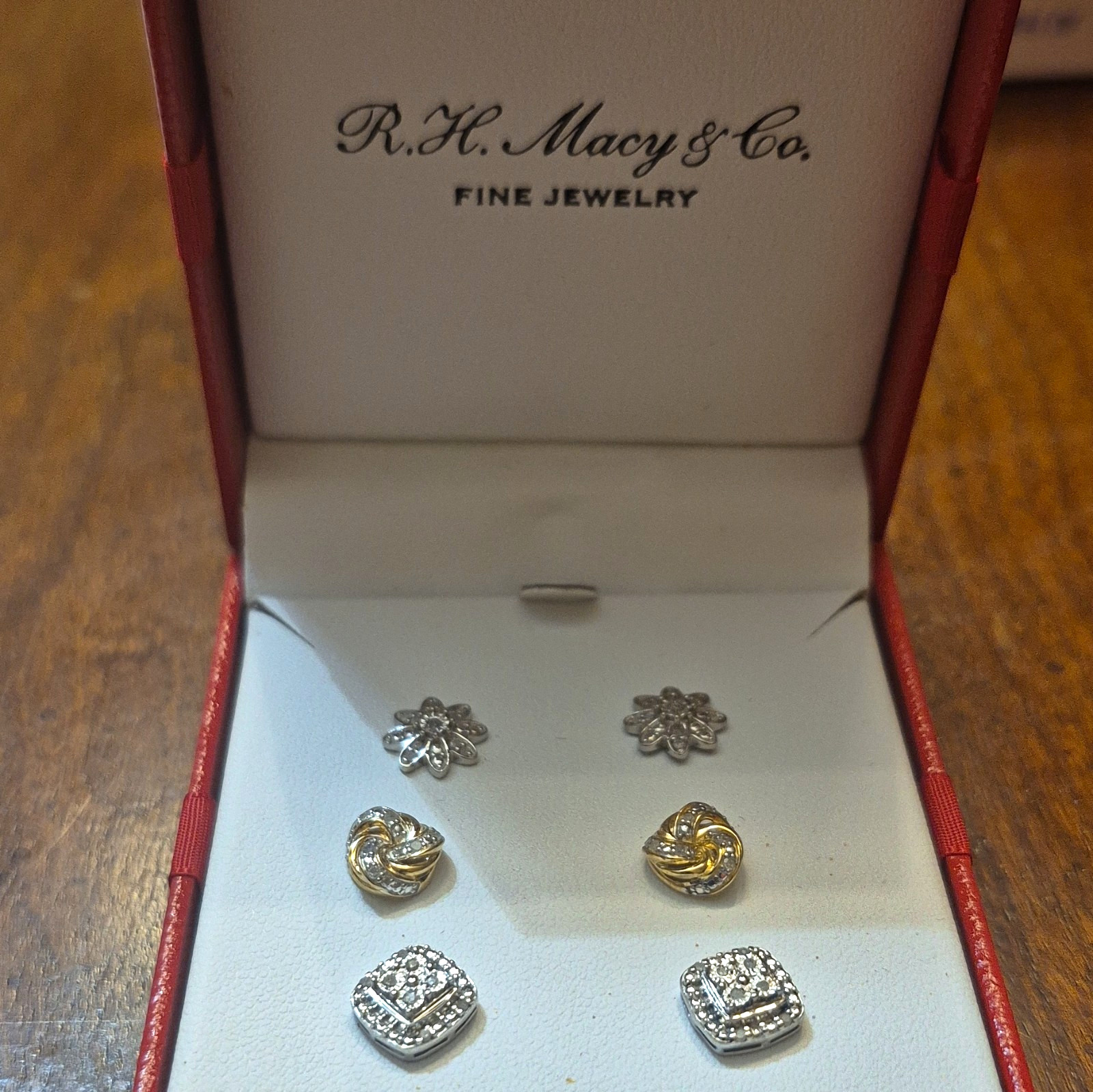 R.H. Macy & Co. Fine Jewelry Stud Earrings Lot of 3 Floral Knot Square
