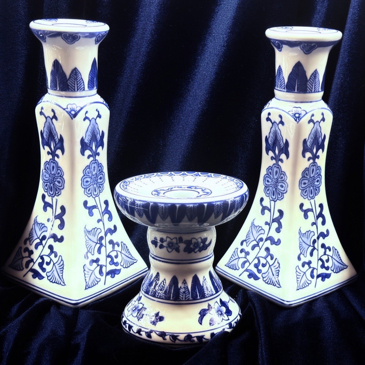 Chinoiserie Blue White Porcelain Candle Holder Set 3 Pc Vintage Style Ceramic