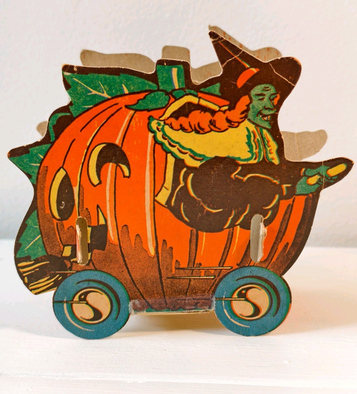 Vintage Halloween Die Cut Candy Dish 1940s Very Rare Witch Pumpkin