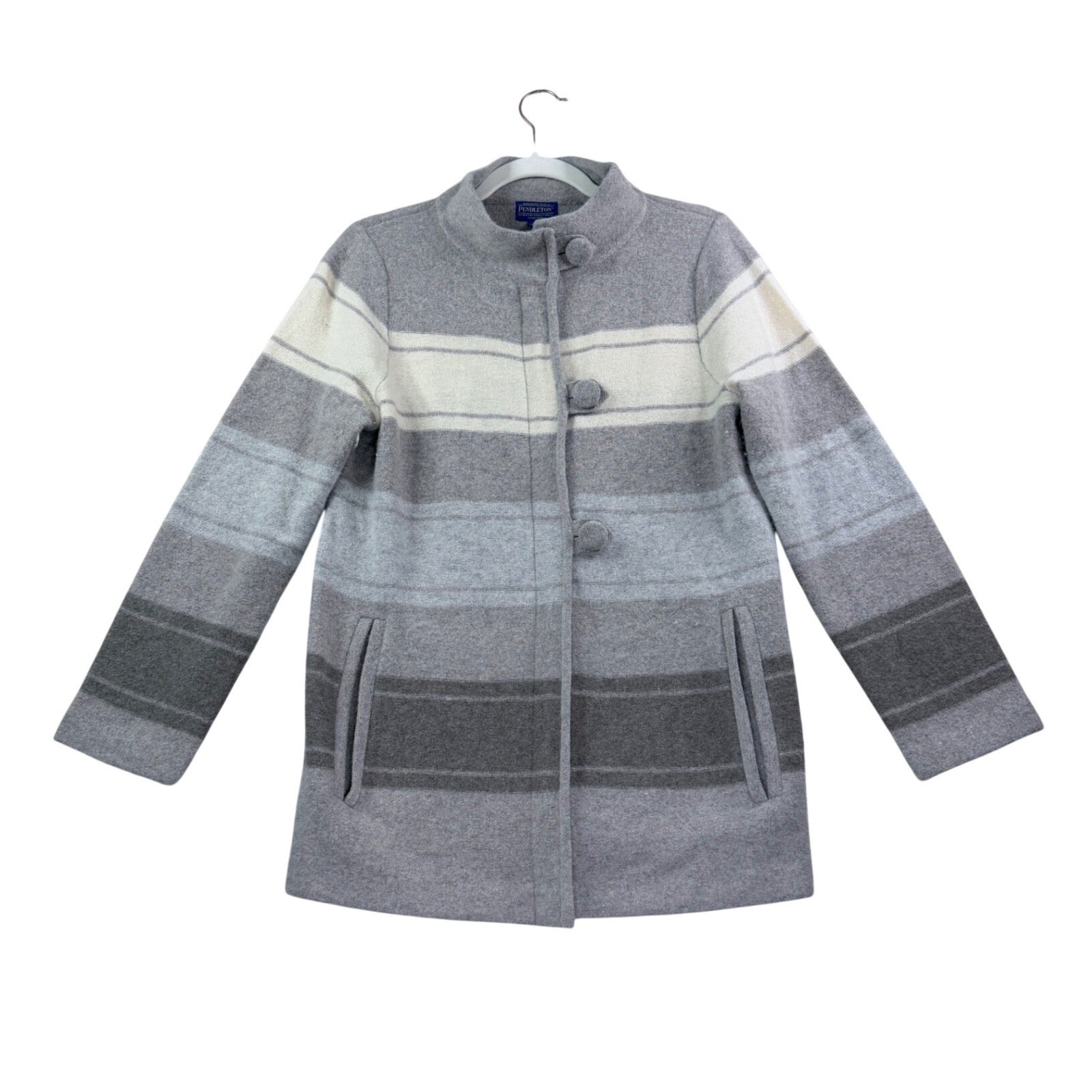 Womens MP Pendleton Coat Lambswool Grey Striped Mock Neck Classic Preppy Jacket
