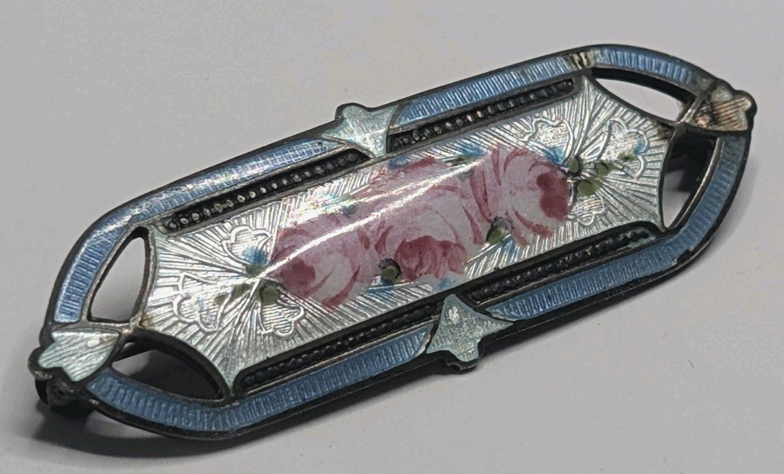 Antique F.A. Hermann Sterling Guilloche Enamel Rose Brooch Edwardian 1.75\ Antique F.A. Hermann Sterling Guilloche Enamel Rose Brooch Edwardian 1.75\