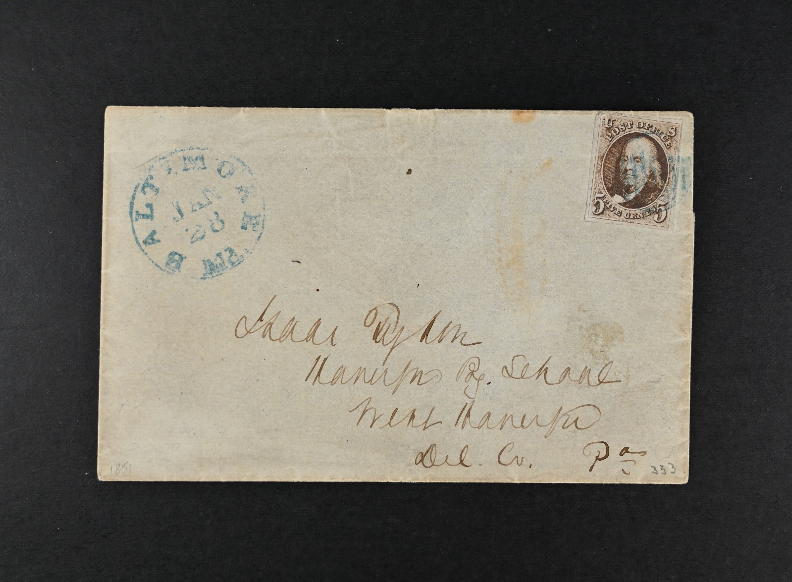 Jan 28 1850's USA Scott # 1 Used Stamp on Cover 19th Century USA Baltimore MD-PA