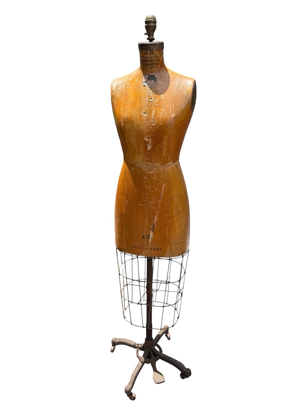 JR BAUMAN Model DRESS FORM Mannequin Industrial Cage Cast Iron Base Vtg Antique