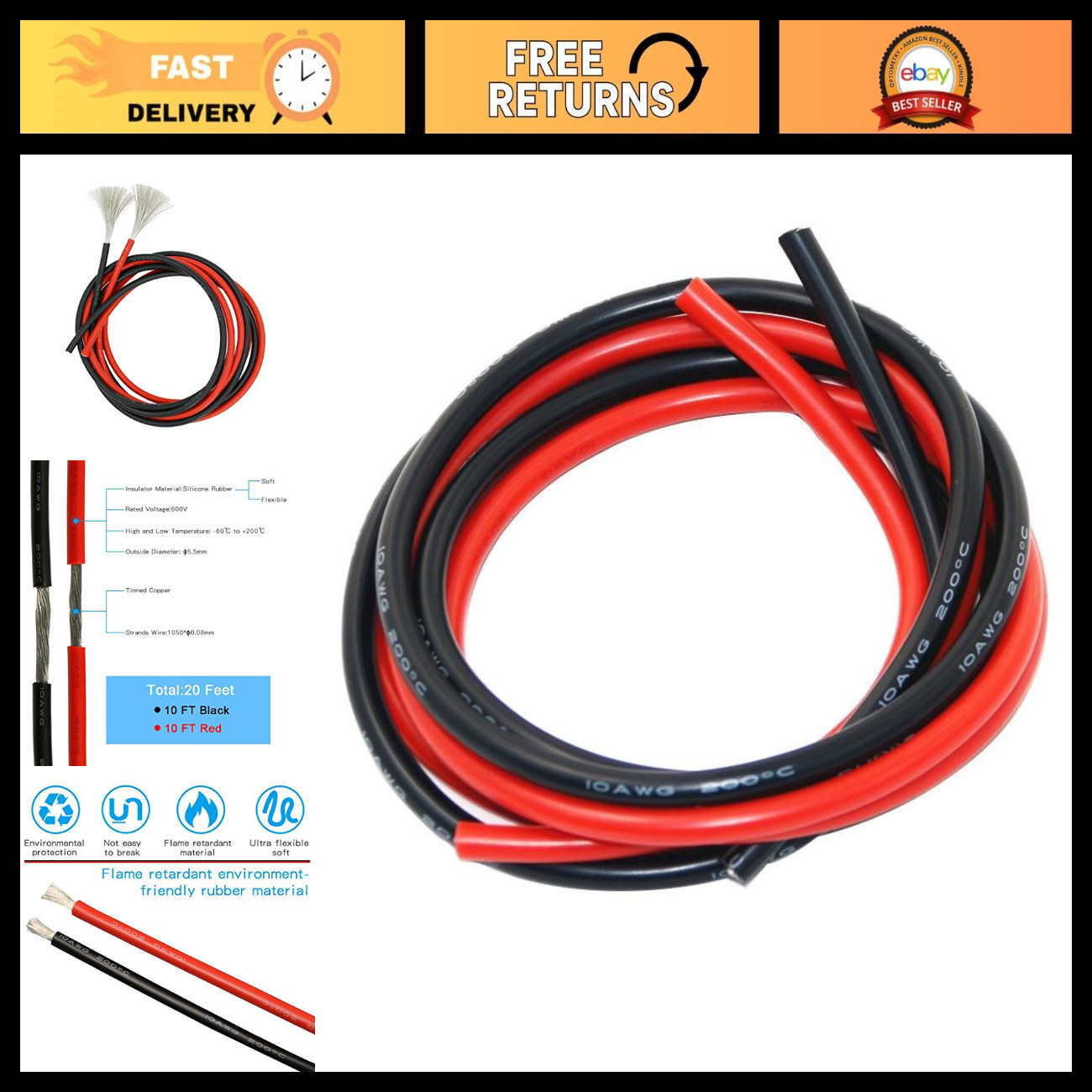 10 AWG Silicone Wire Set - 10ft Red & Black Tinned Copper Electrical Wire
