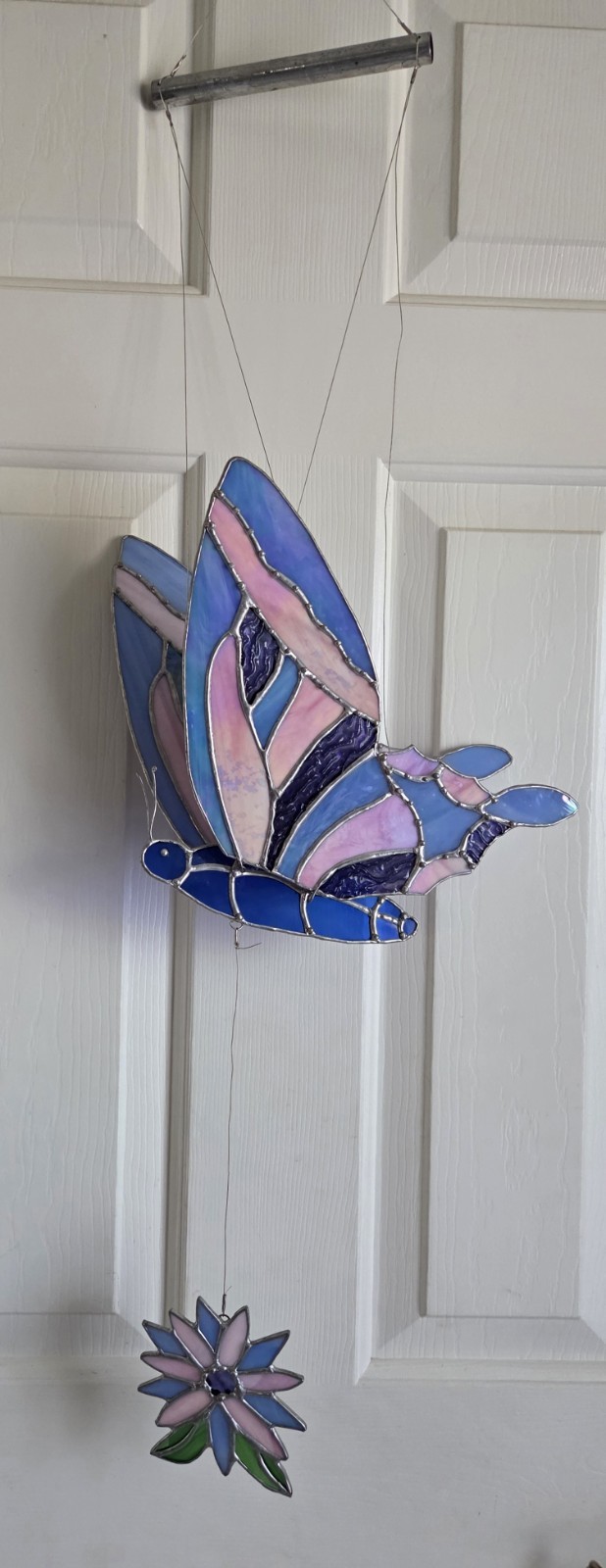 Vtg Stained Glass  Butterfly Hanging Mobile Suncatcher  Blue Pink Iridescent Art