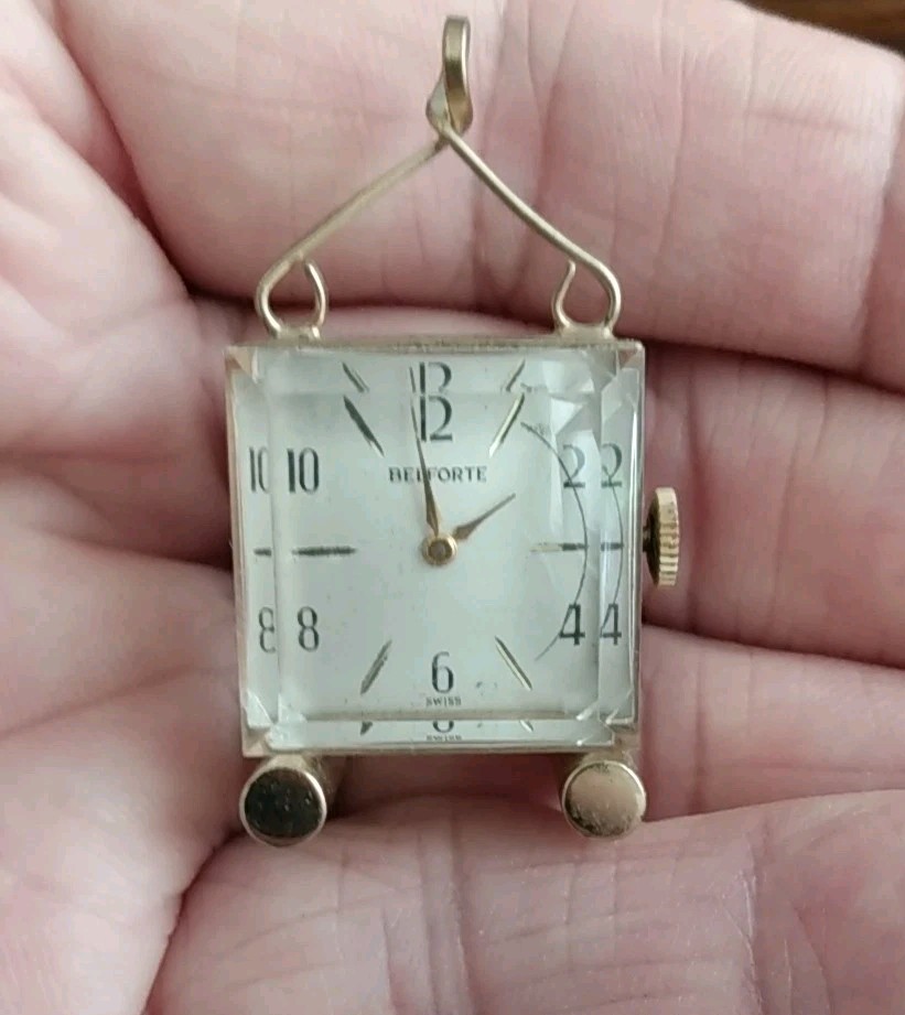 RARE Antique BELFORTE 7 Jewels Lucite Cube Watch Pendant Pin Ticking 