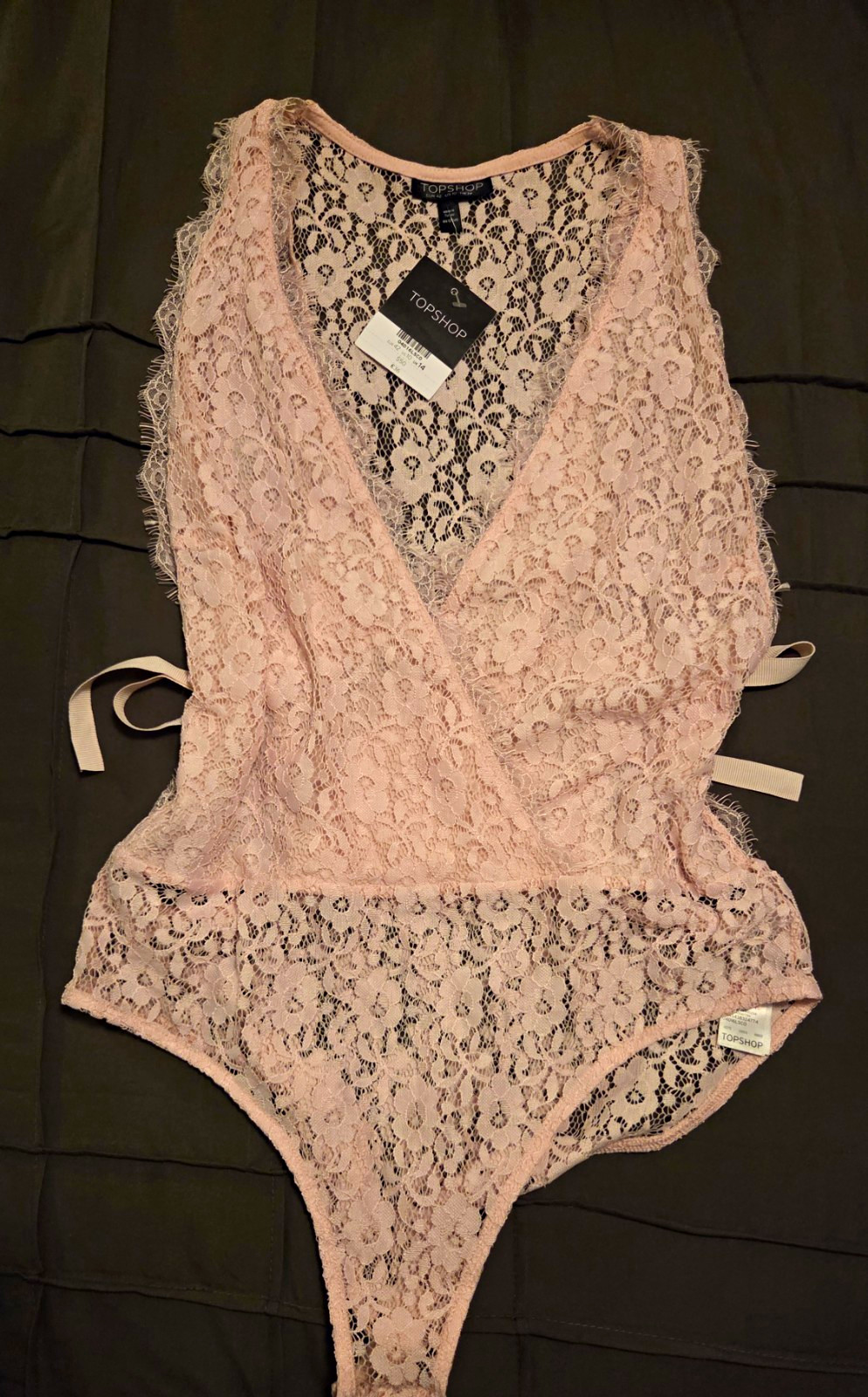 Topshop Women’s Pink Lace One Piece Bodysuit Bow Accent Size 10 NWT