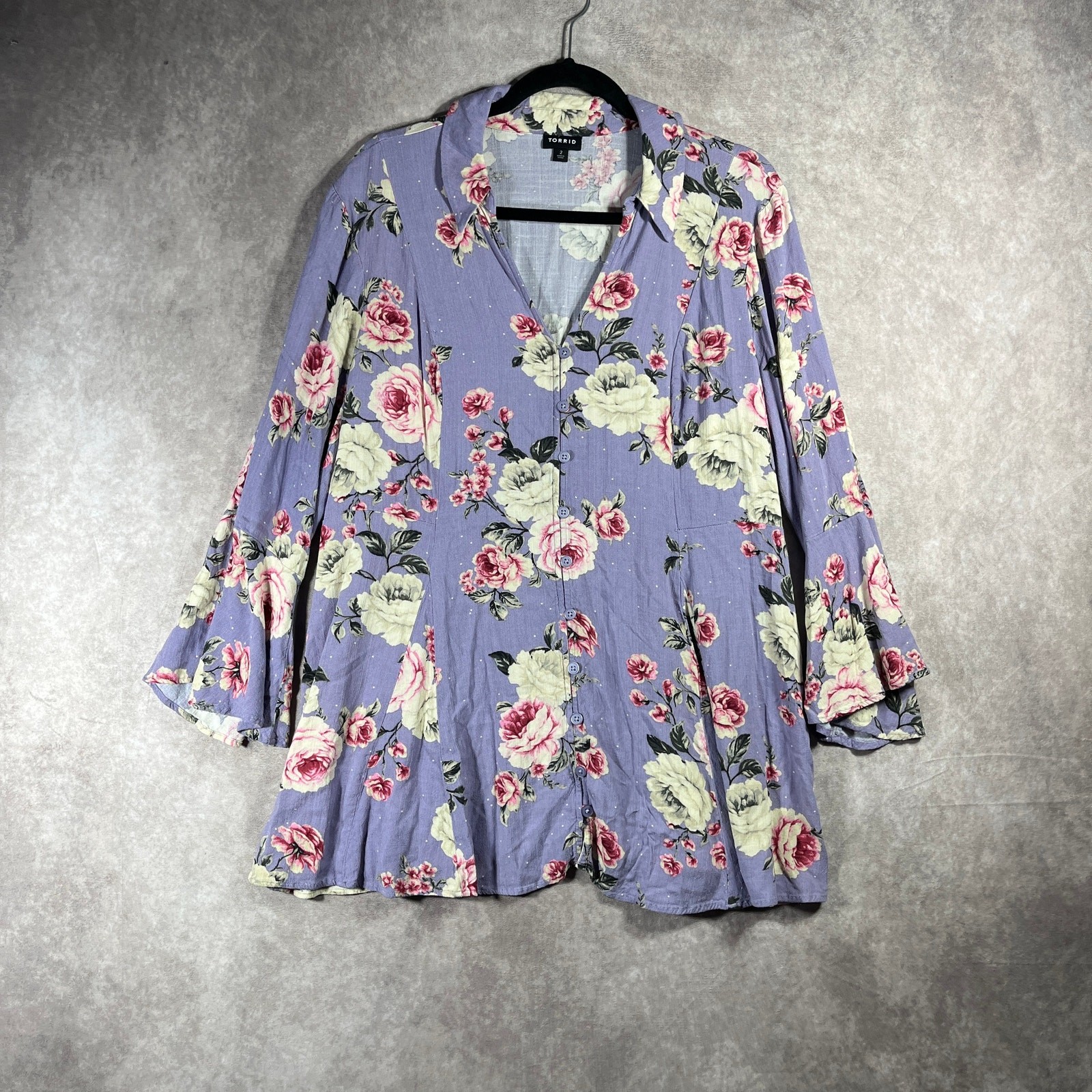 Torrid Fit And Flare Rayon Slub Button-Front Top Womens 2X Purple Floral Boho