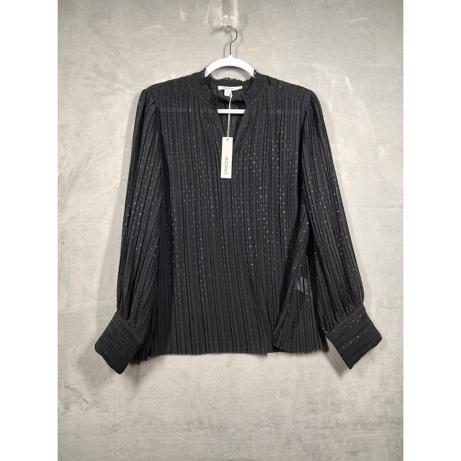 Chicos Black Pleated Clip Dot Blouse NWT Sheer Shimmer Ruffle Neck Top Size 2 L