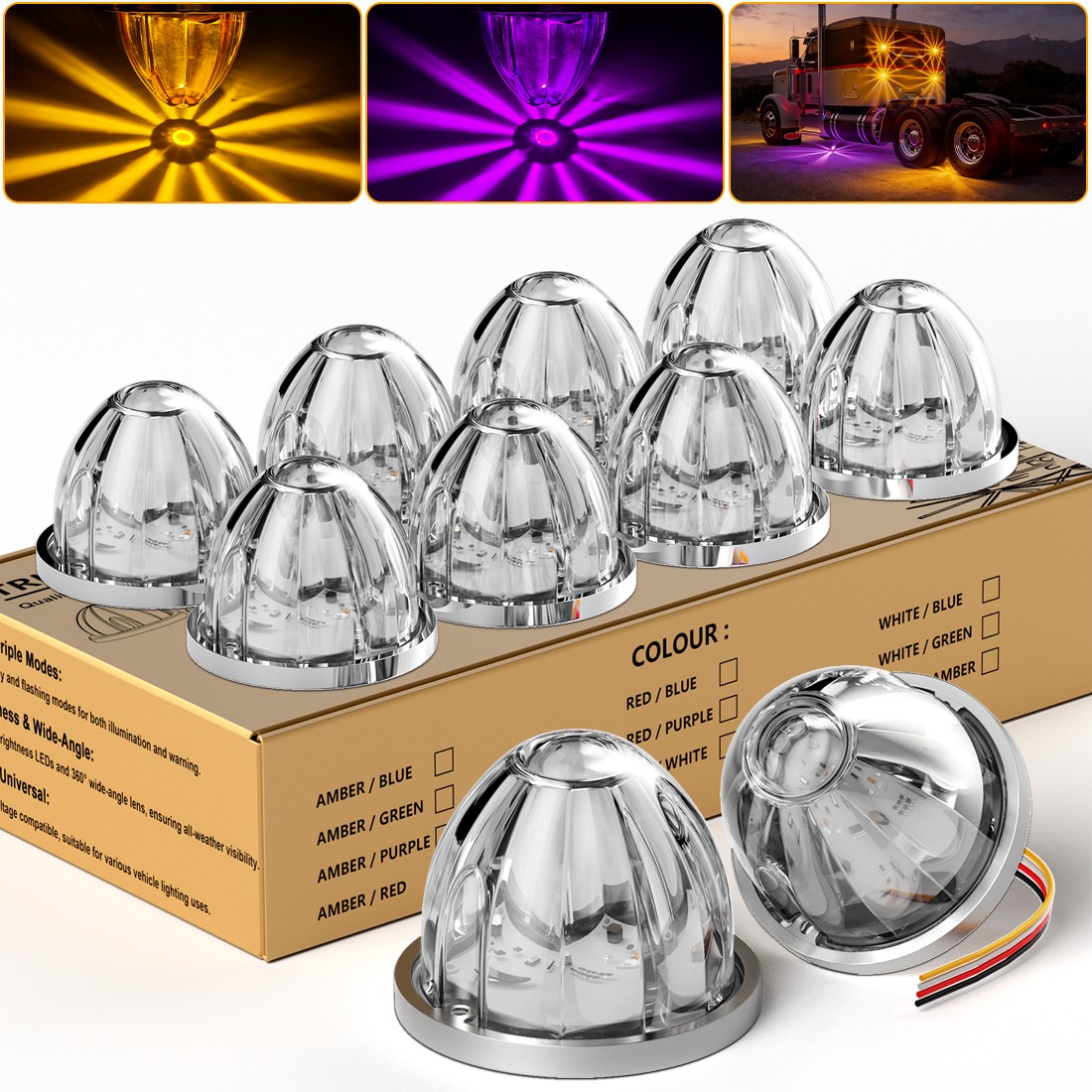 10x Dual Color LED Watermelon Lights Amber Purple Semi Truck Marker Light 12-24V