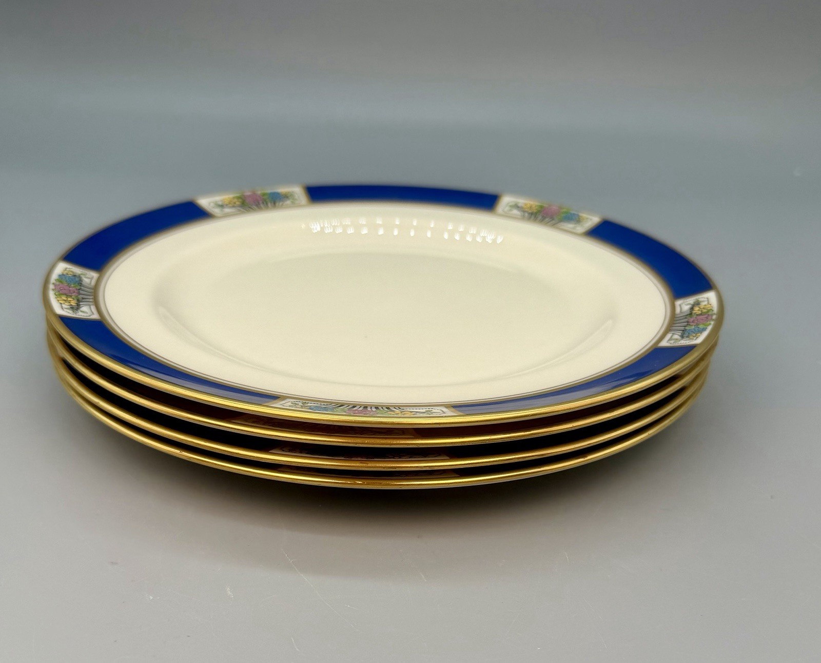 Lenox Meadowbrook Set 4 Salad Dessert Plates  Floral Art Deco Green Stamp