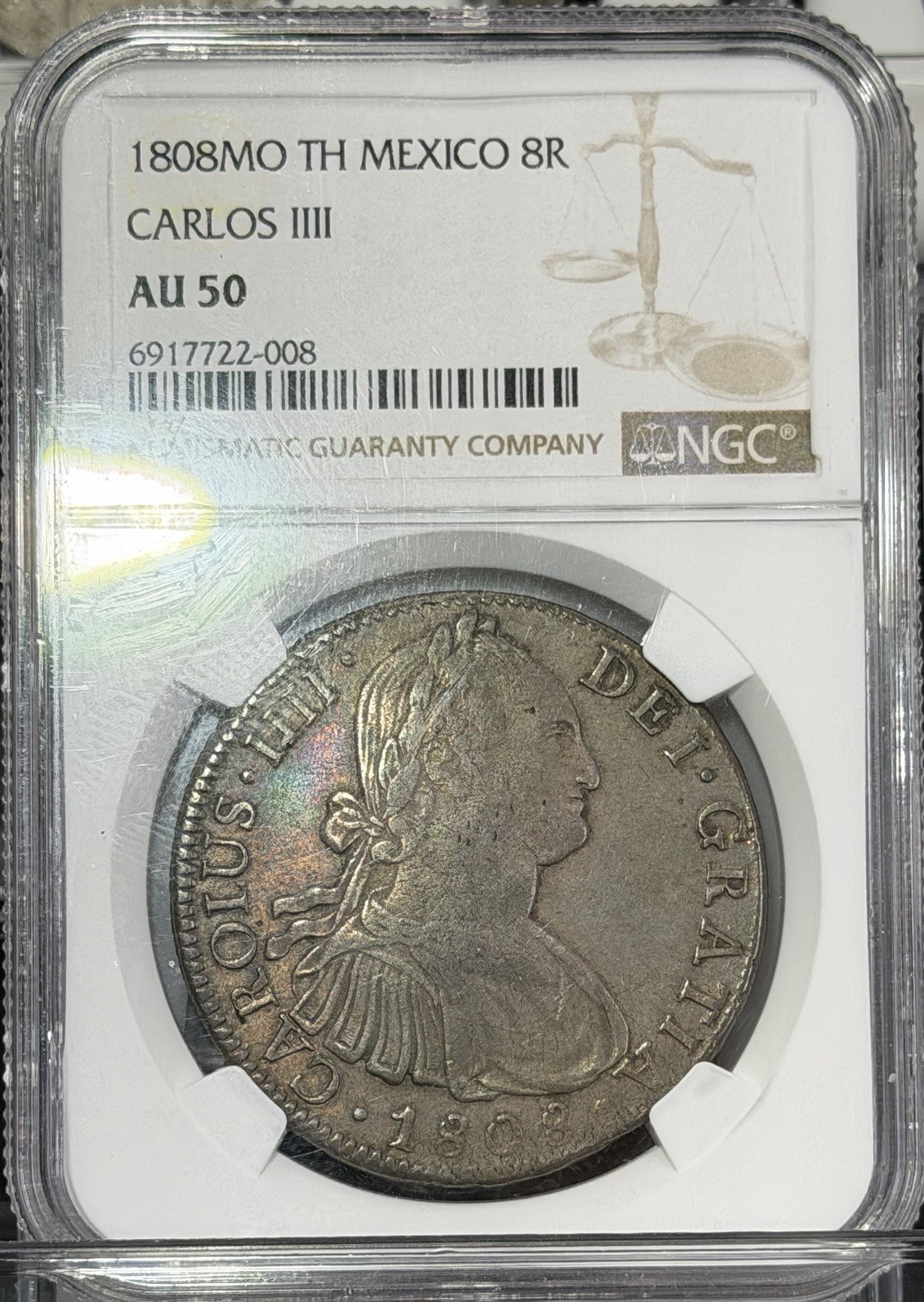 🌈 1808MO TH Mexico 8 Reales Carlos III Silver Original Toning AU50 🌈 🌈 1808MO TH Mexico 8 Reales Carlos III Silver Original Toning AU50 🌈