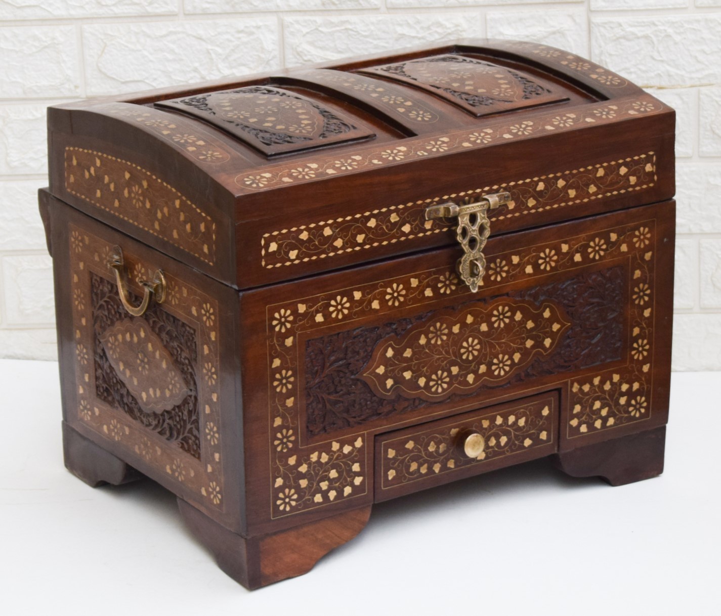 Vintage Moroccan Chest Handmade Wooden Jewelry Box Brass Inlay Wedding Trunk