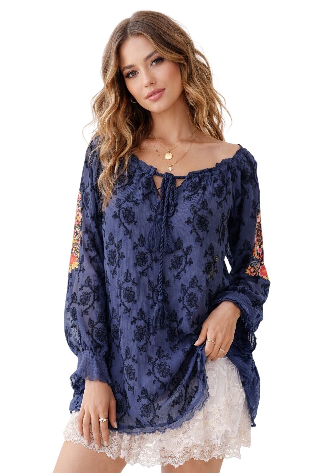 NWT SUNDANCE Womens Navy Gemma Elegance Boho Top Embroidered Blouse Tunic XL