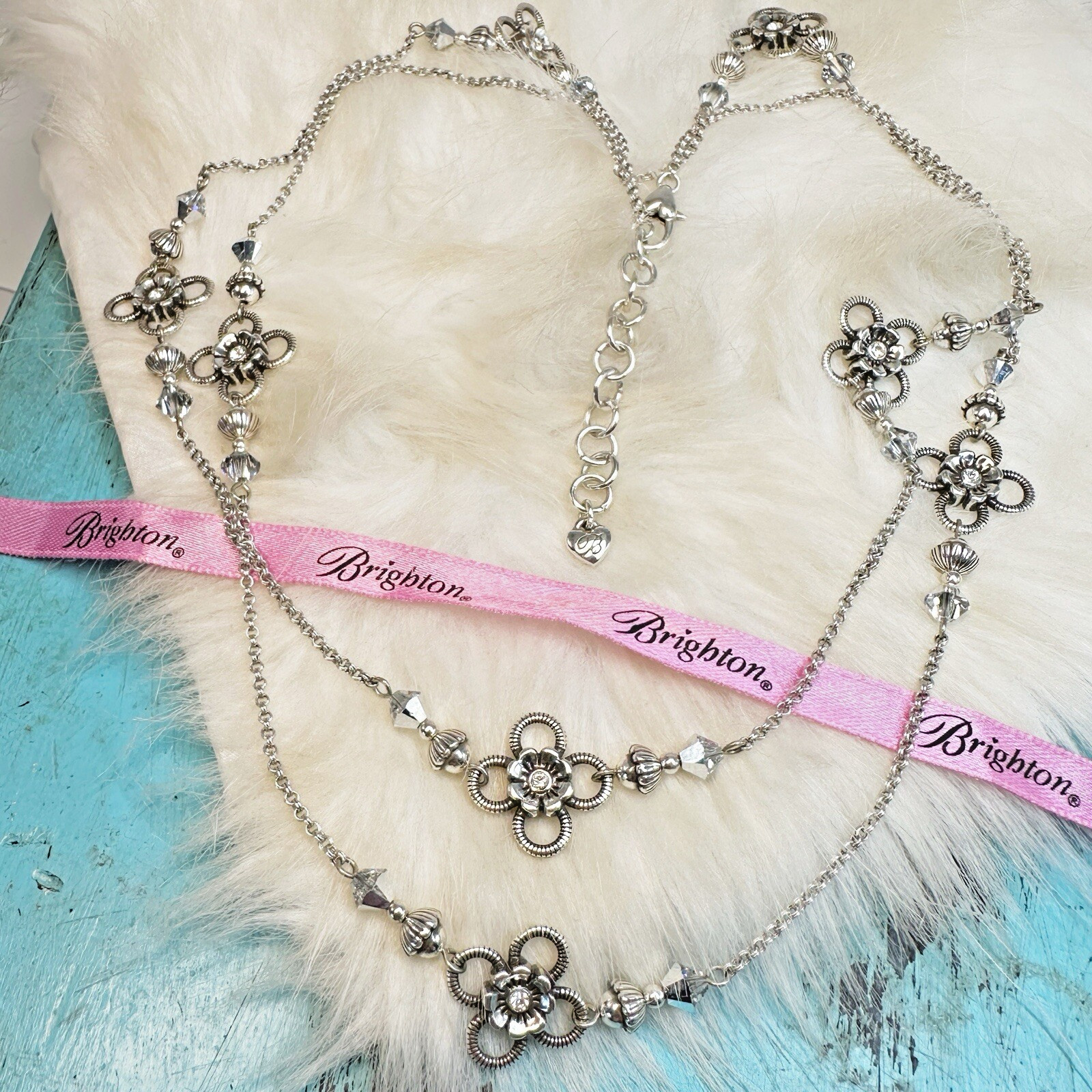 Brighton Flower Crystal Stations Silver Plate Long Necklace 40