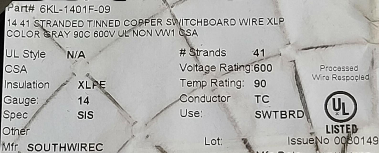 Southwire #14awg 41x30T SIS UL-3173 XLPE Tinned Copper Hook-Up Wire Gray /50ft Southwire #14awg 41x30T SIS UL-3173 XLPE Tinned Copper Hook-Up Wire Gray /50ft