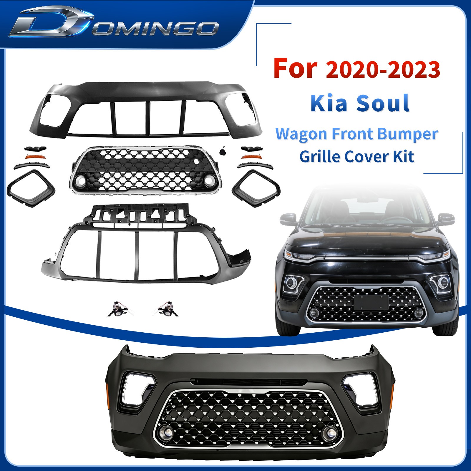 Fits 2020-2023 Kia Soul Wagon Front Bumper Grille Kit With Fog Lamps & Covers Fits 2020-2023 Kia Soul Wagon Front Bumper Grille Kit With Fog Lamps & Covers