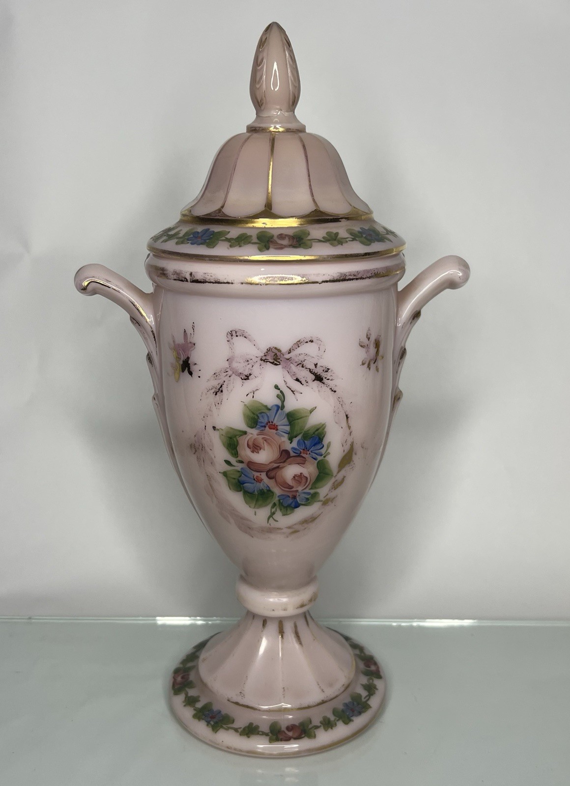 ANTIQUE Cambridge Crown Tuscan Glass Covered  Urn In Pink w HP’ed Floral-RARE