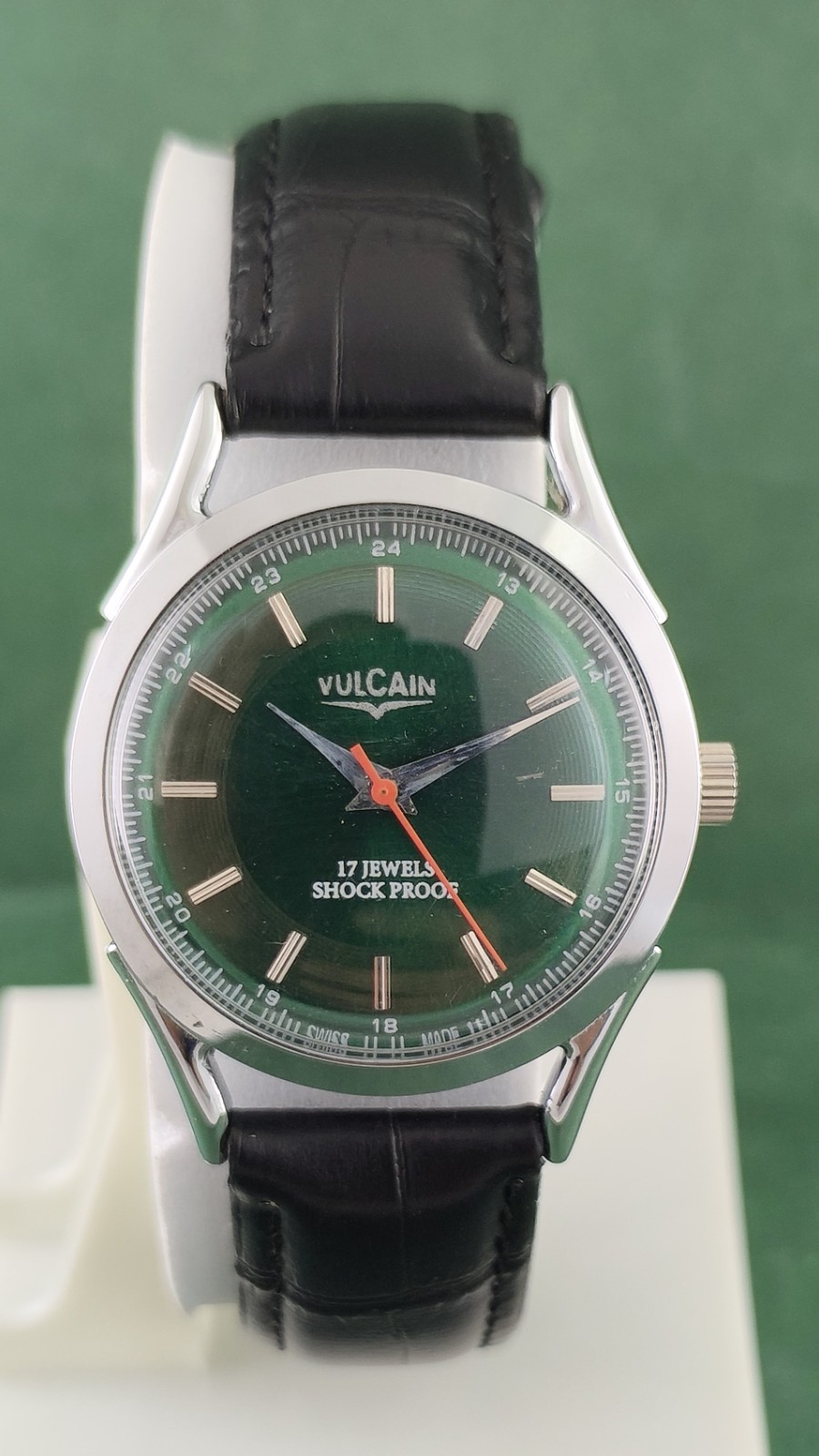 Vintage Vulcain Hand-Winding Green Dial Men Wristwatch Black Leather Band