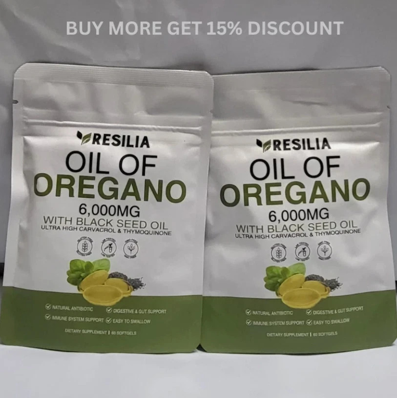 2 Sealed Resilia Oil Of Oregano 6,000 Mg, With Black Seed Oil, 60 Softgels Each 