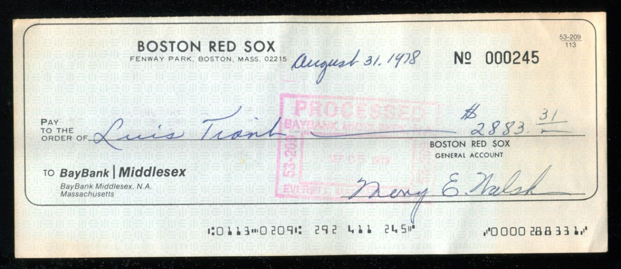 1978 Boston Red Sox Check, Signed By Luis Tiant