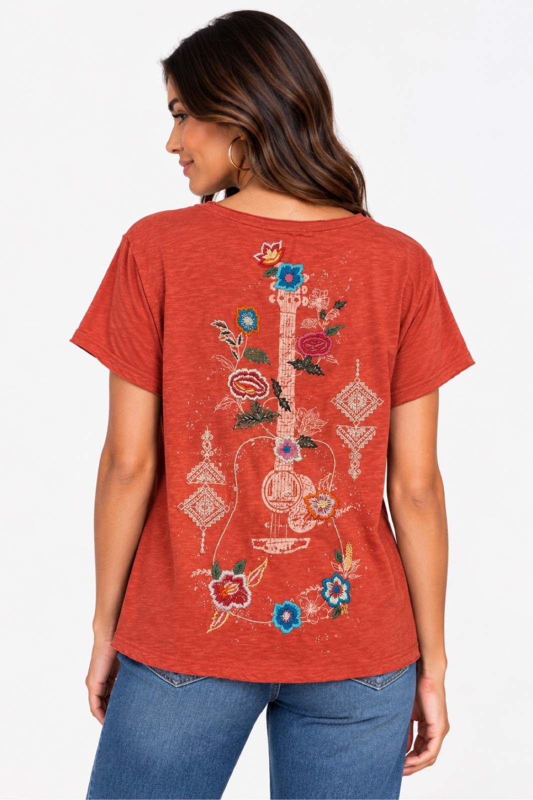 NWT Kyla Seo Comfort Rena Tee Spicy Orange Embroidered Guitar Floral Sz S Small