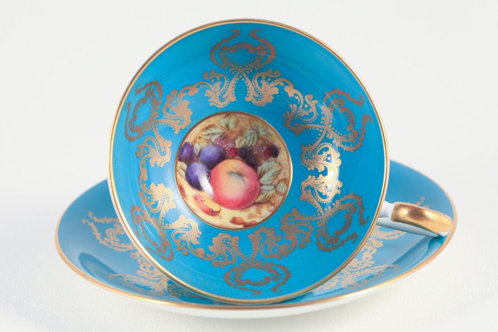 Vintage Aynsley Orchard Fruit Teacup & Saucer Set Turquoise Blue 22K Gold Trip