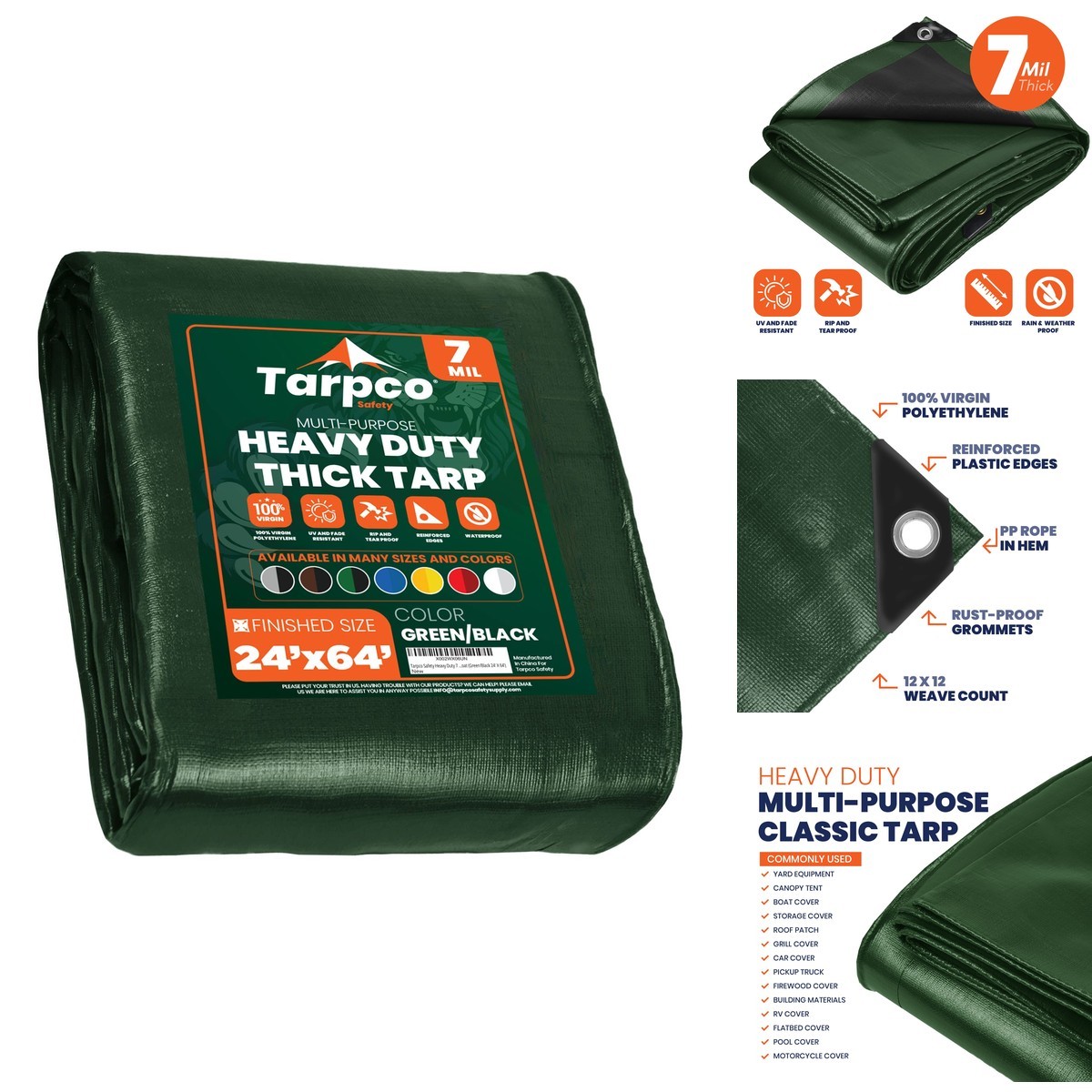 Tarpco Safety 7 Mil Tarp Waterproof Poly Green/Black 25\' X 40\'